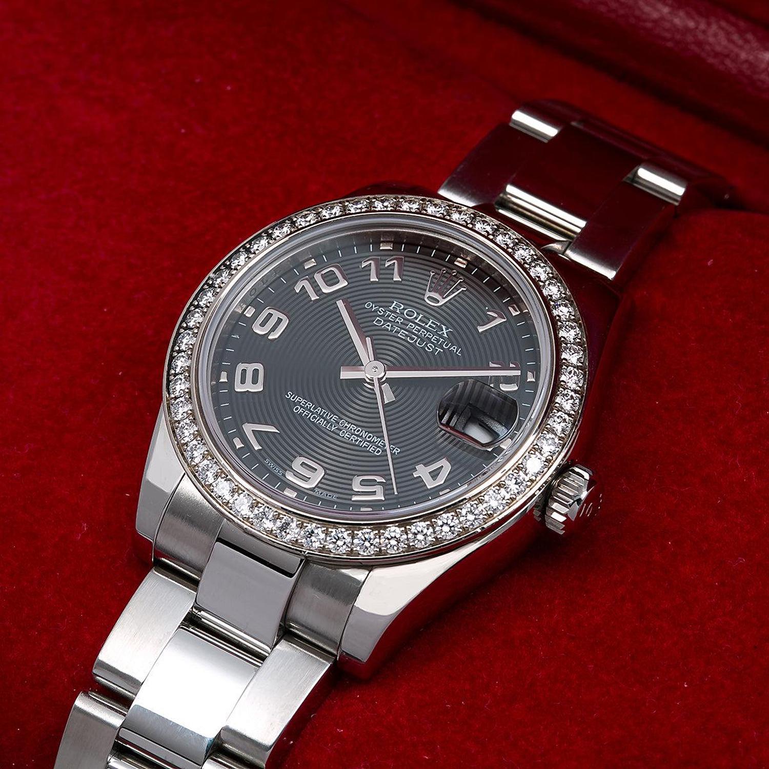 Rolex Datejust 31MM 178274 Black Concentric Arabic Dial Diamond Bezel Stainless Steel Oyster Bracelet