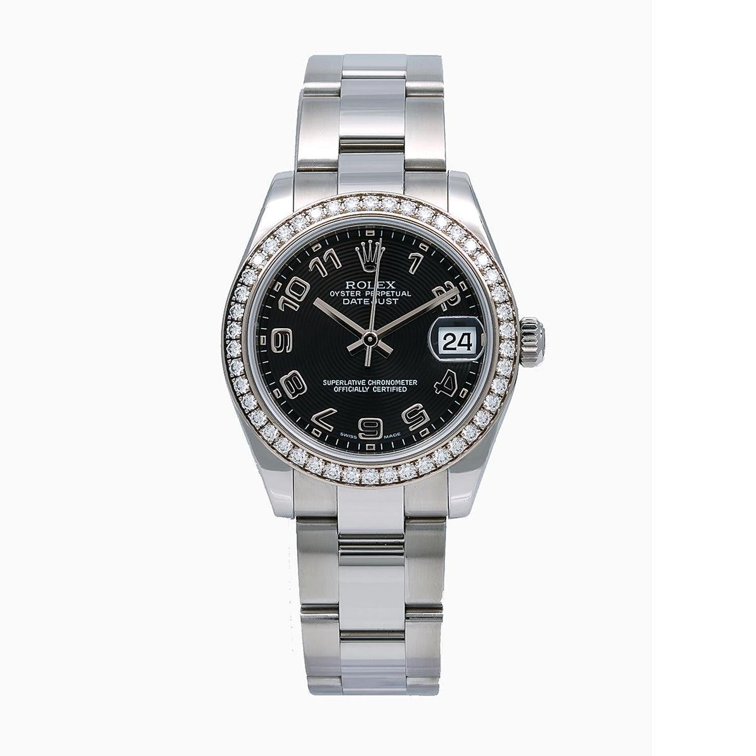 Rolex Datejust 31MM 178274 Black Concentric Arabic Dial Diamond Bezel Stainless Steel Oyster Bracelet