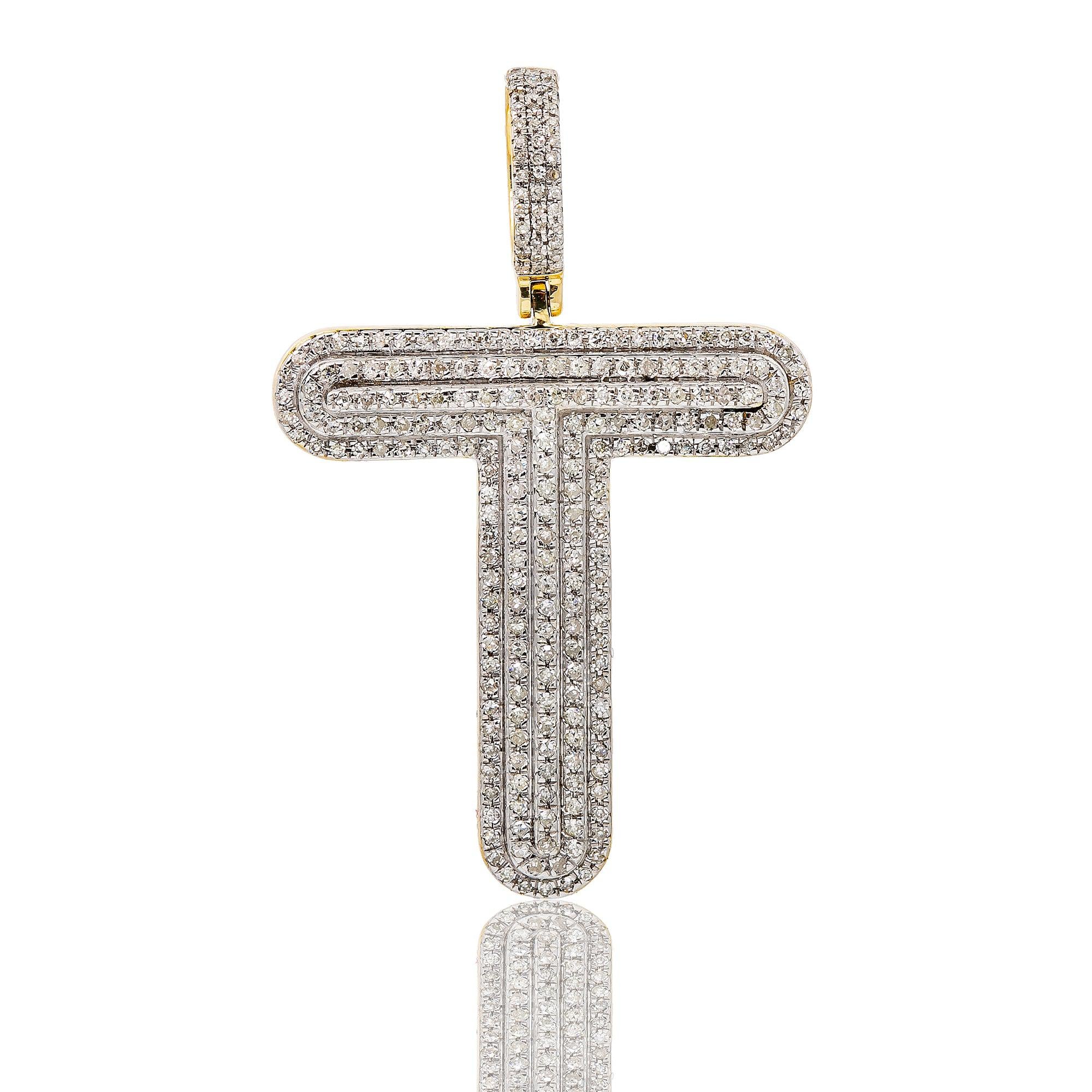 Unisex 14K Yellow Gold Initial T Pendant with .62 CT Diamonds