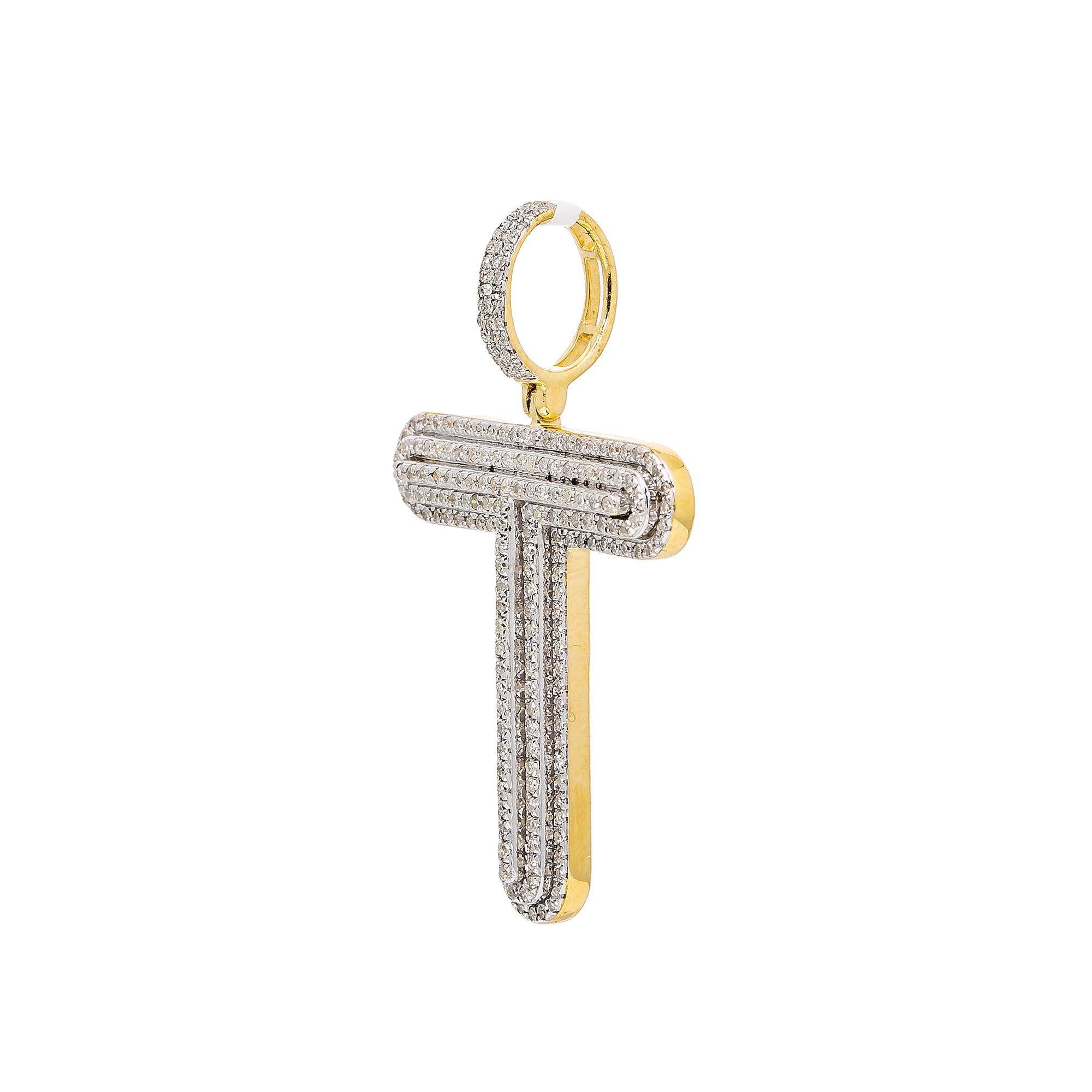 Unisex 14K Yellow Gold Initial T Pendant with .62 CT Diamonds
