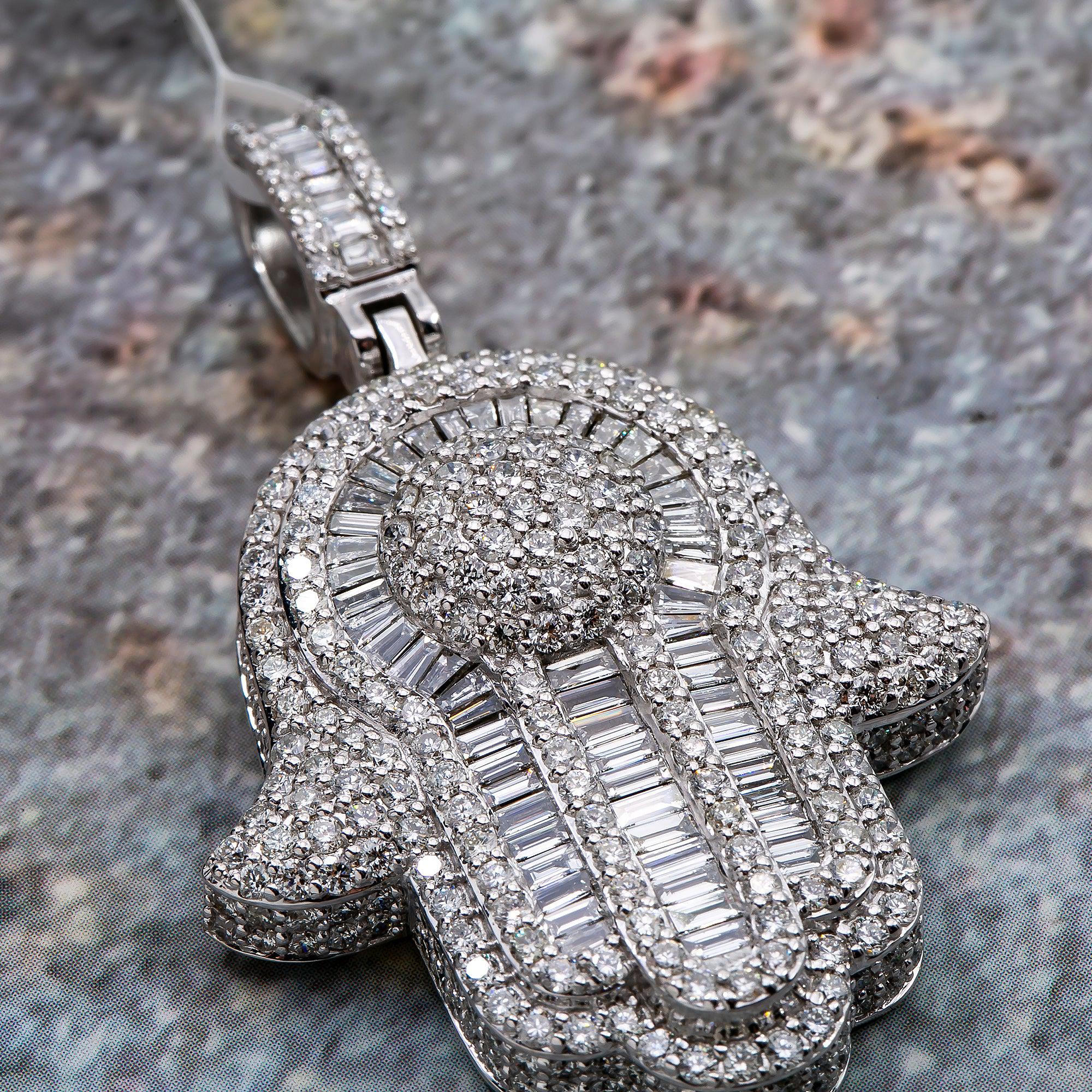 Unisex 14K White Gold Hamsa Pendant with 5.92 CT Diamonds