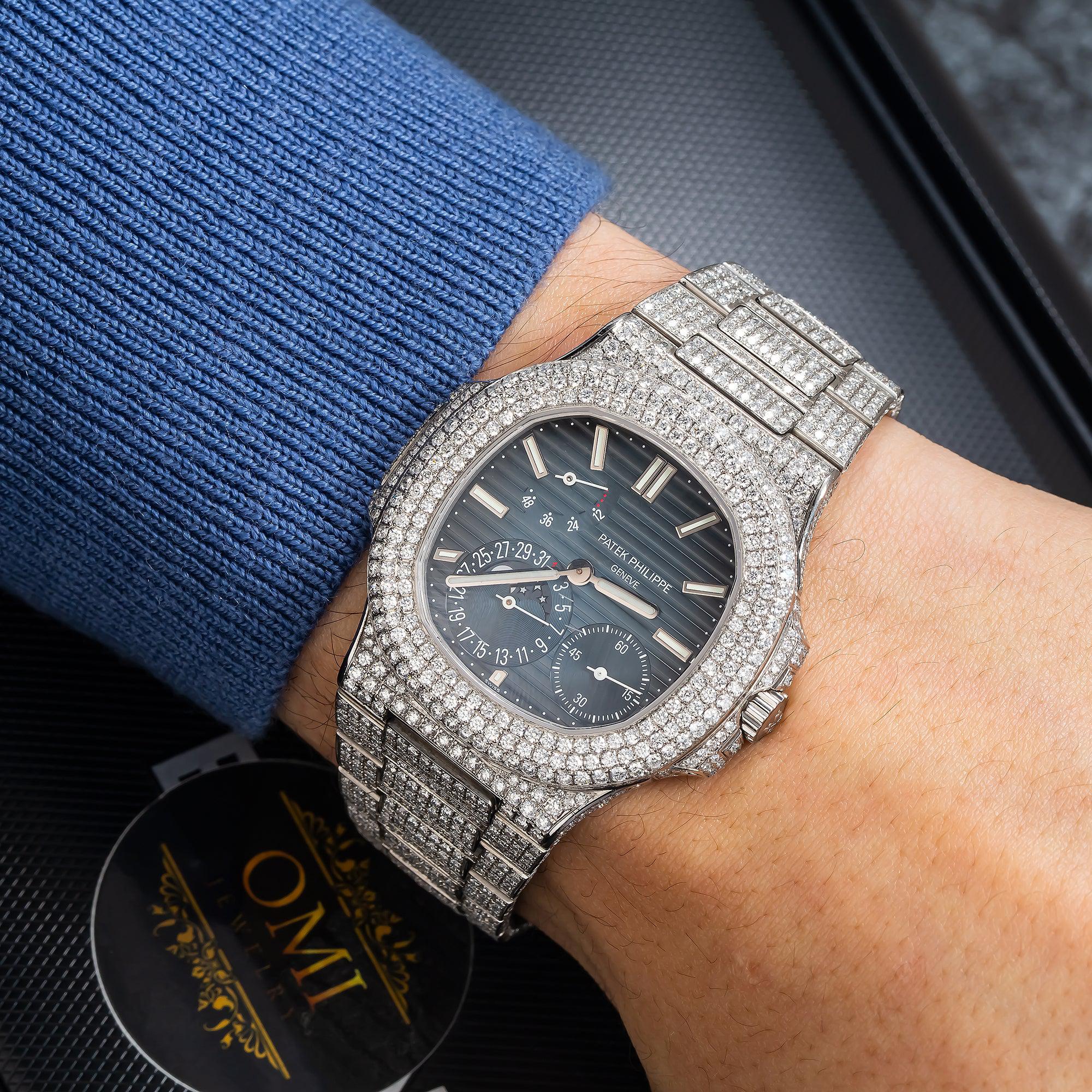 Patek Philippe Nautilus 40MM 5712/1A Blue Dial Diamond Paved Bezel Stainless Steel Full Diamond Bracelet