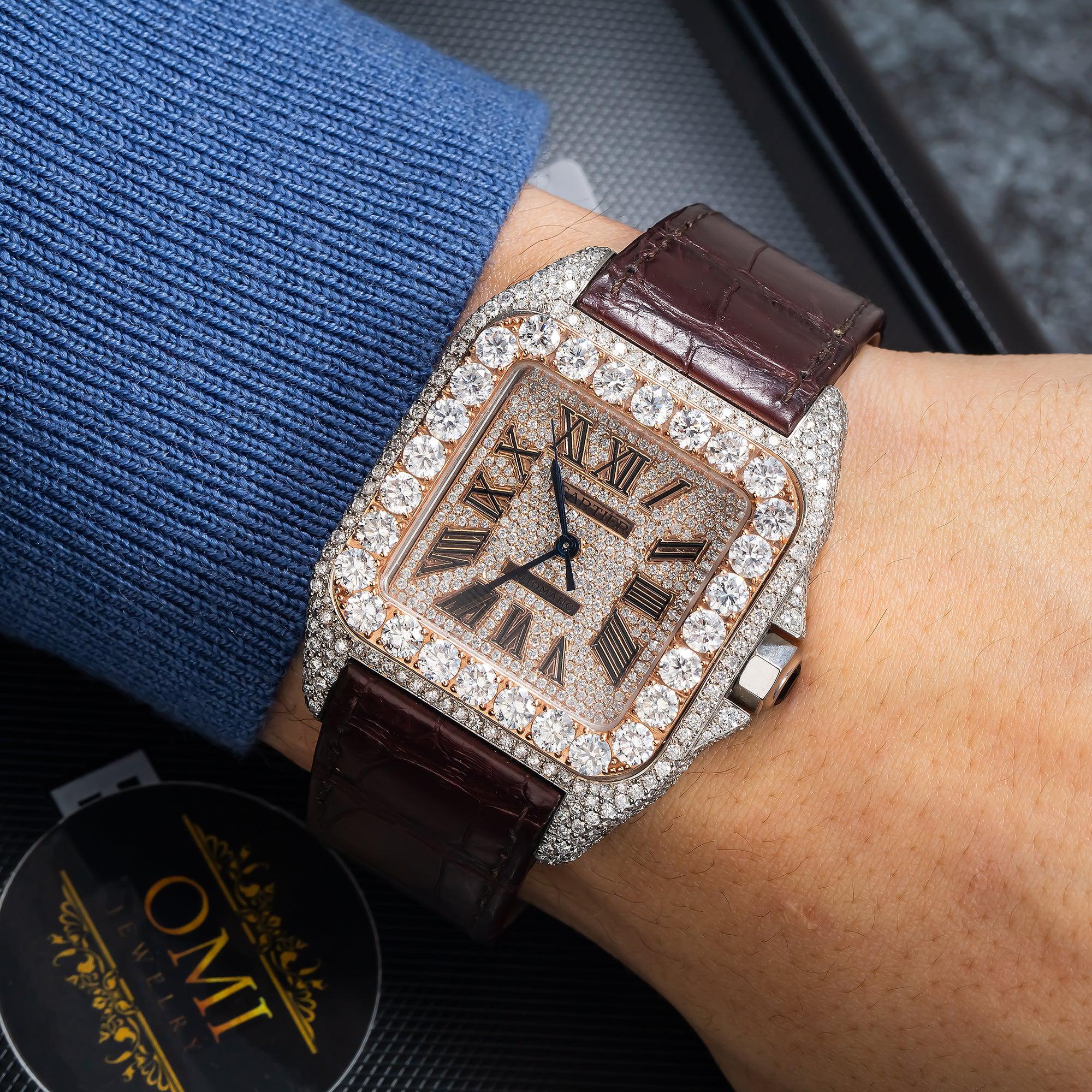 Cartier Santos 100 38MM W20073X8 Champagne Roman Dial Diamond Bezel Brown Leather Strap 11.35ct