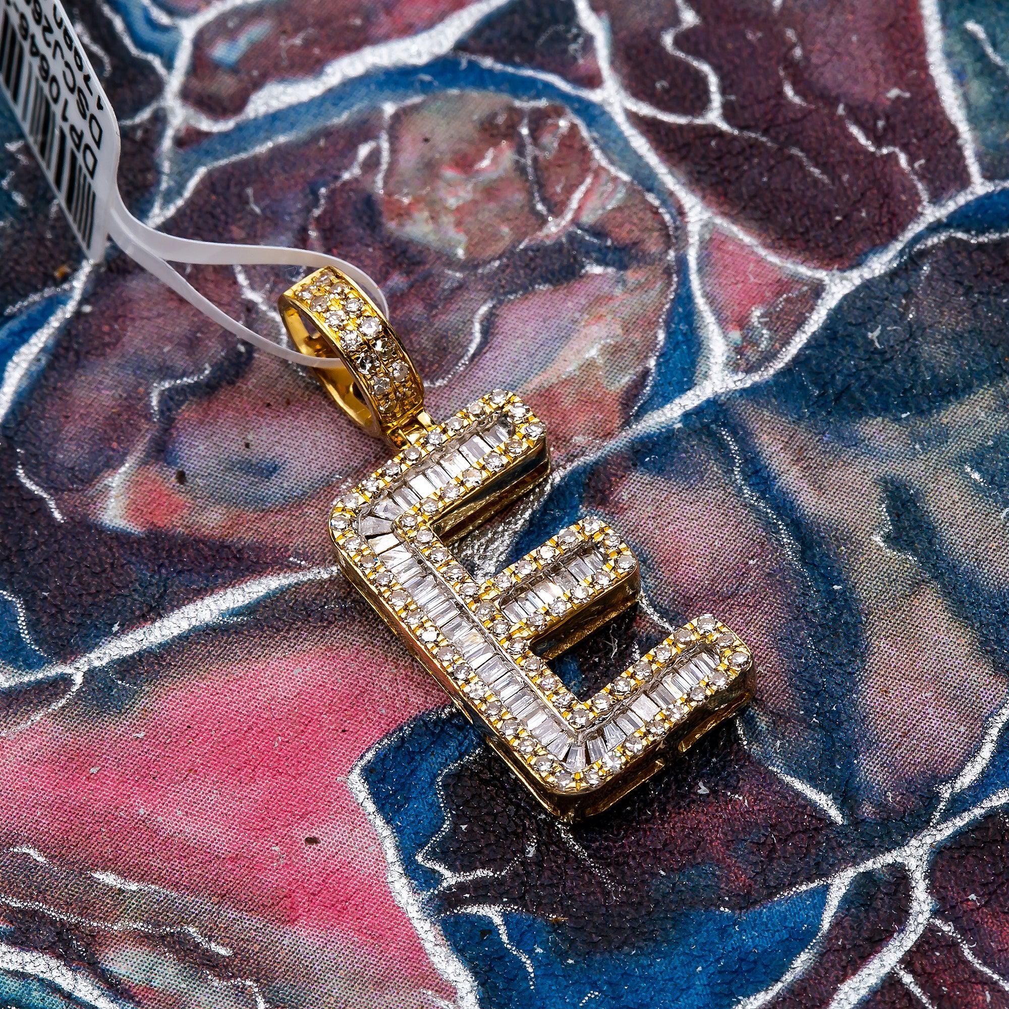 Unisex Diamond Initial E Pendant With .61CT Baguette And Round Diamonds