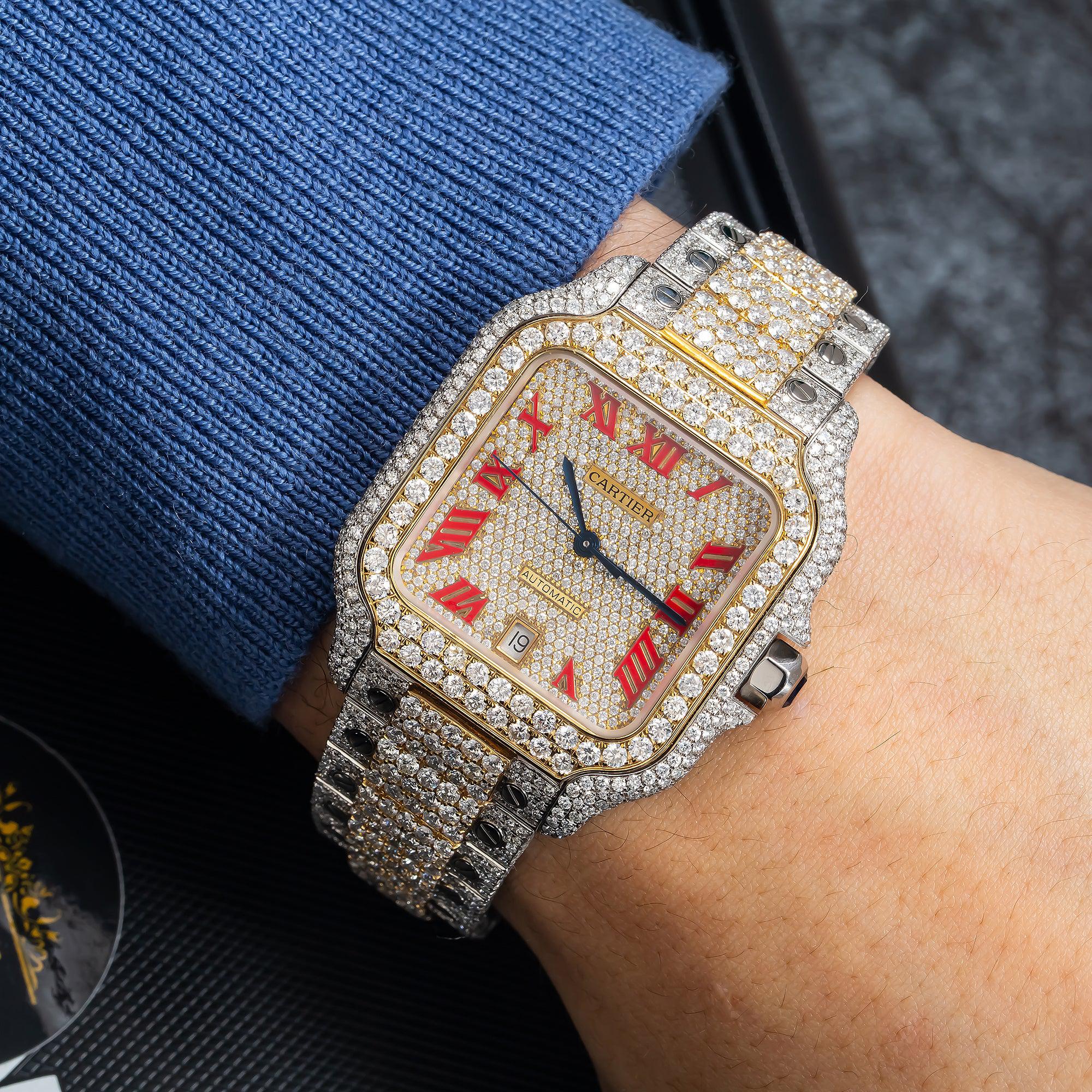 Cartier Santos 39.8MM WSSA0018 Diamond Paved Champagne Roman Dial Yellow Gold Diamond Bezel Two Tone Yellow Gold Full Diamond Bracelet 18.75ct