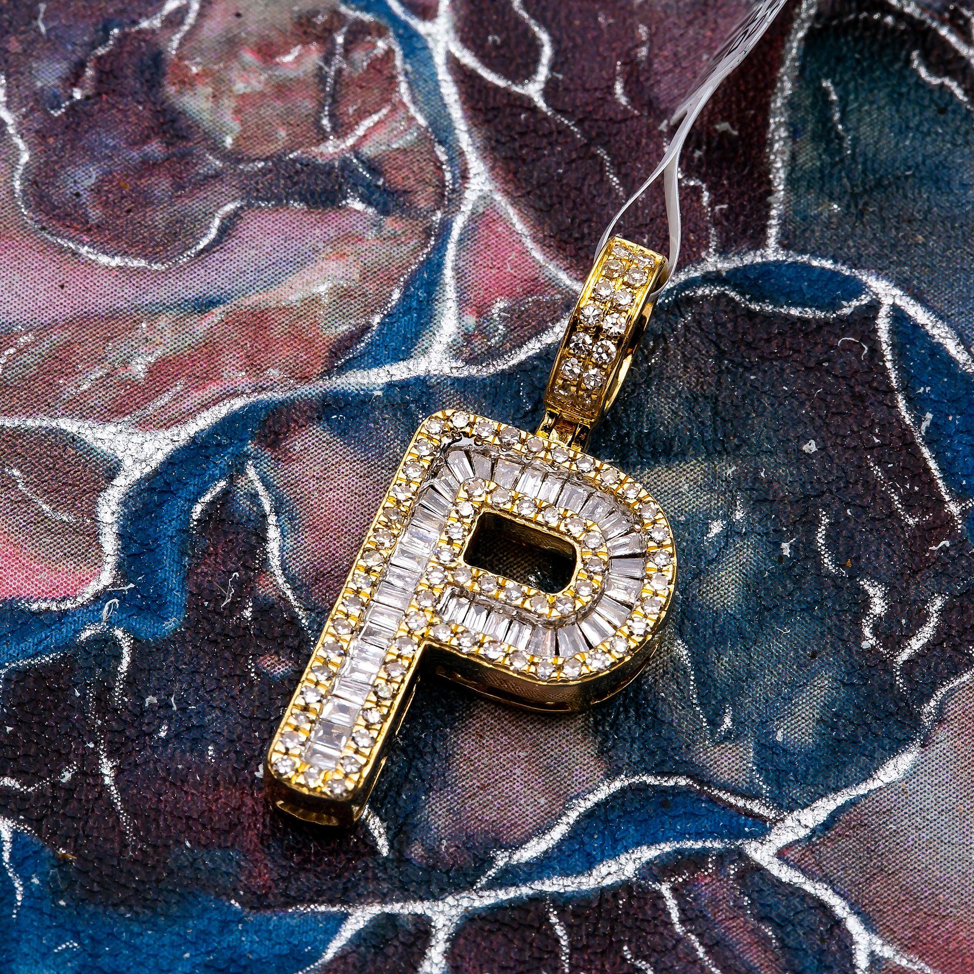 Unisex Diamond Initial P Pendant With 0.62CT Baguette And Round Diamonds