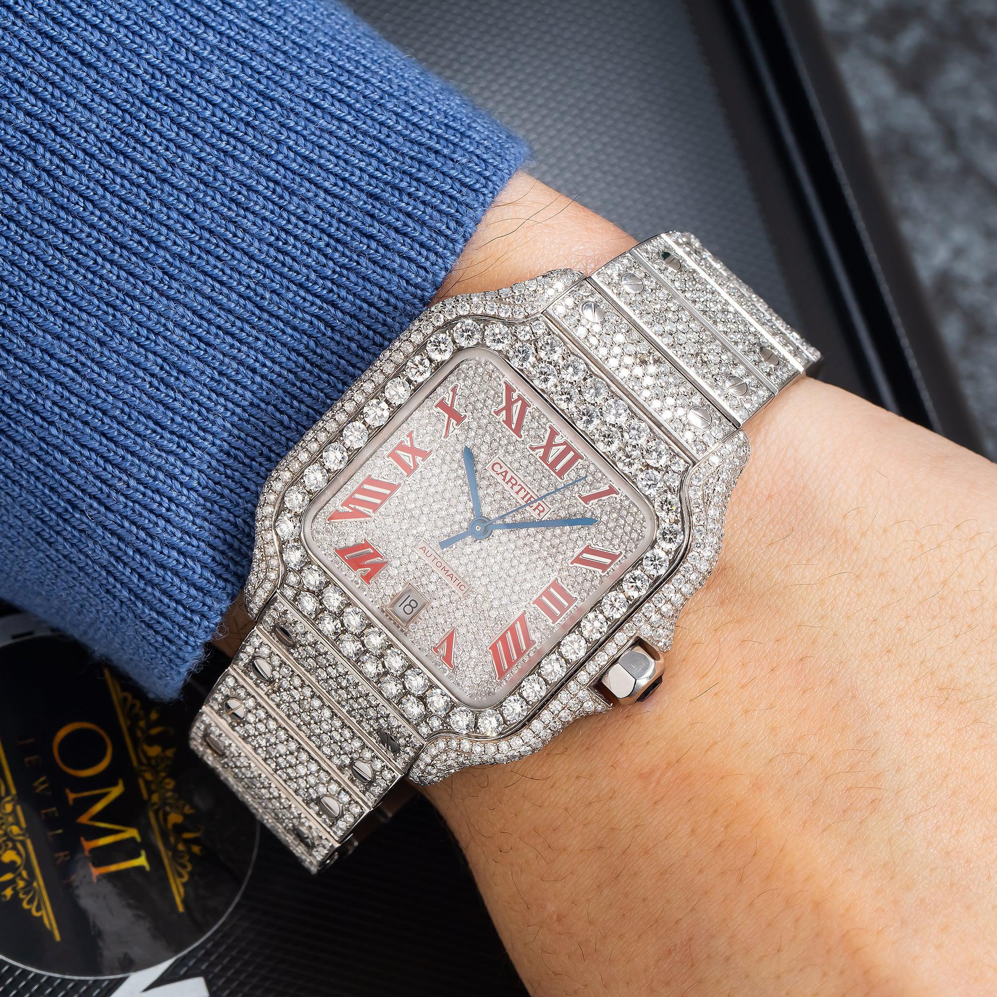 Cartier Santos 35.1MM WSSA0029 Diamond Paved Roman Dial Diamond Bezel Stainless Steel Full Diamond Bracelet