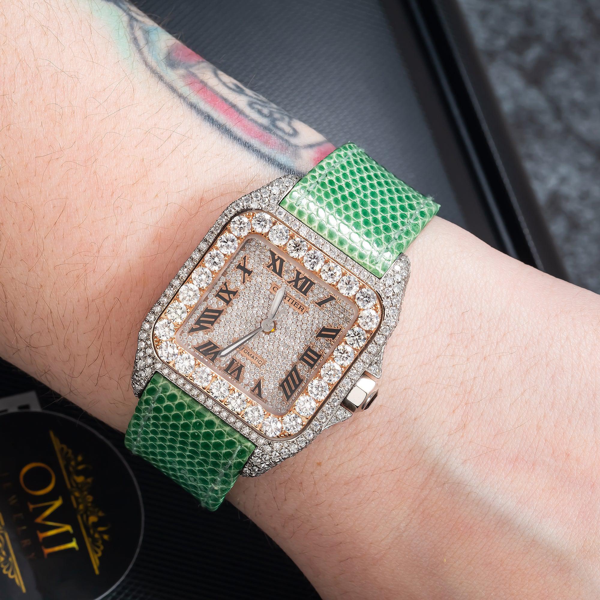 Cartier Santos 100 32MM W20129U2 Rose Gold Roman Dial Diamond Bezel Green Leather Strap
