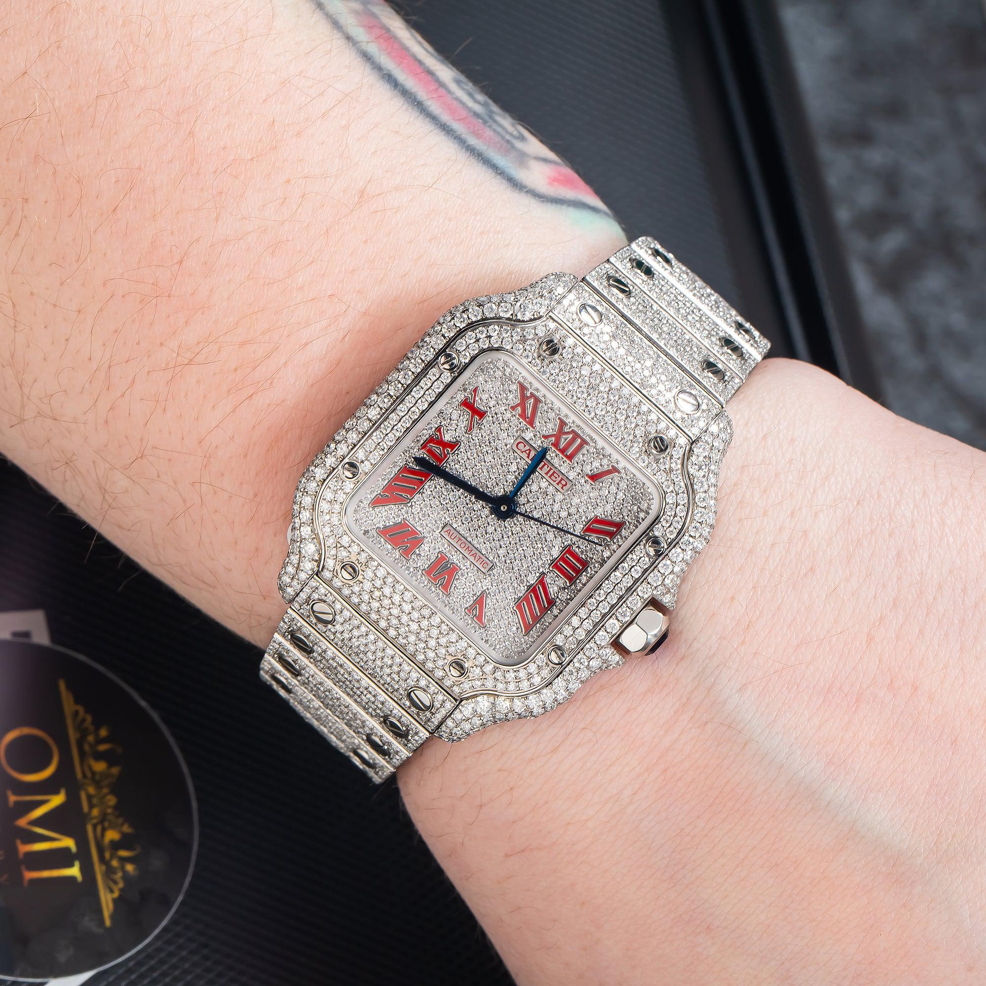 Cartier Santos 35.1MM WSSA0029 Diamond Paved Roman Dial Diamond Paved Bezel Stainless Steel Full Diamond Bracelet 11.65ct