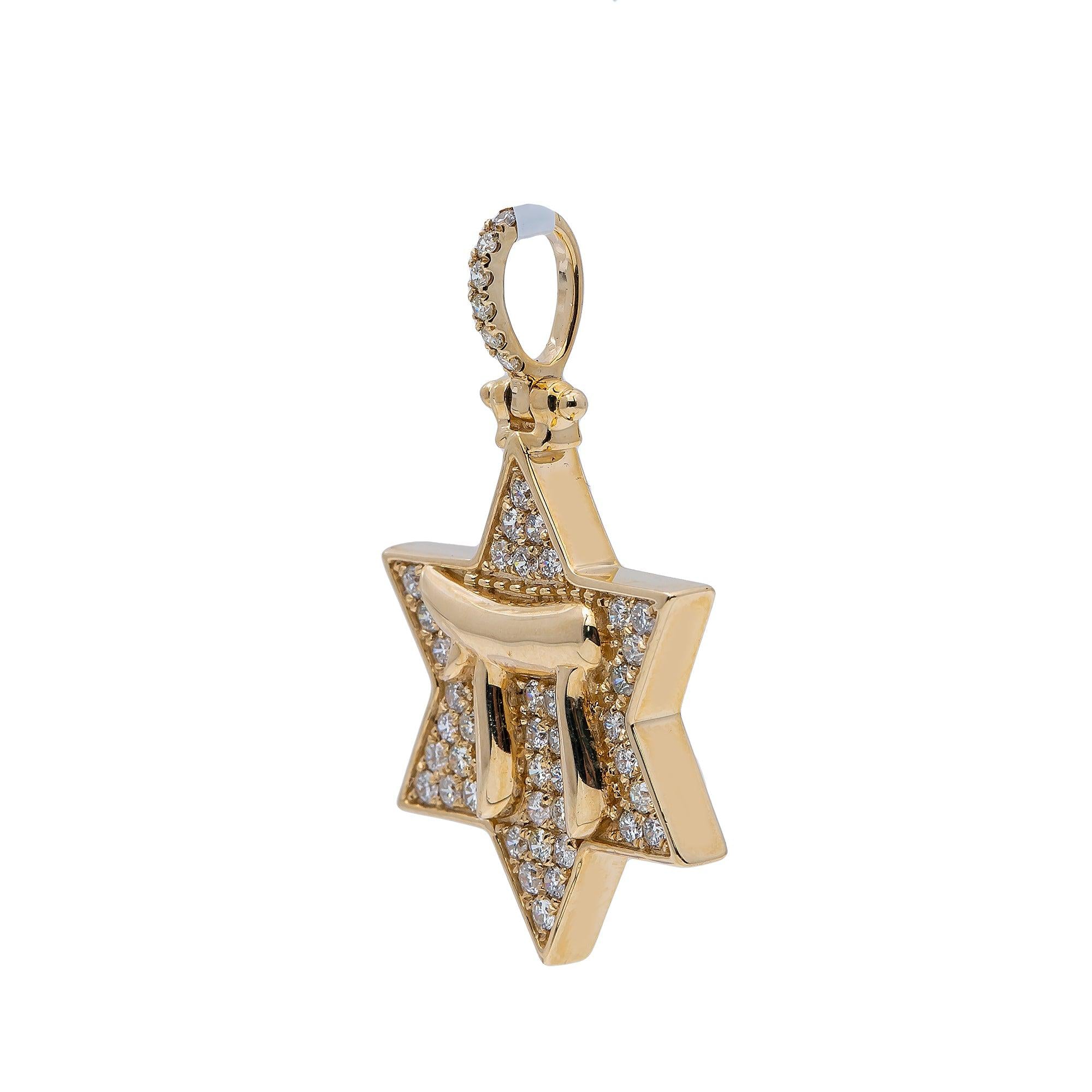 14K Yellow Gold Diamond Star of David Pendant with Chai Letter