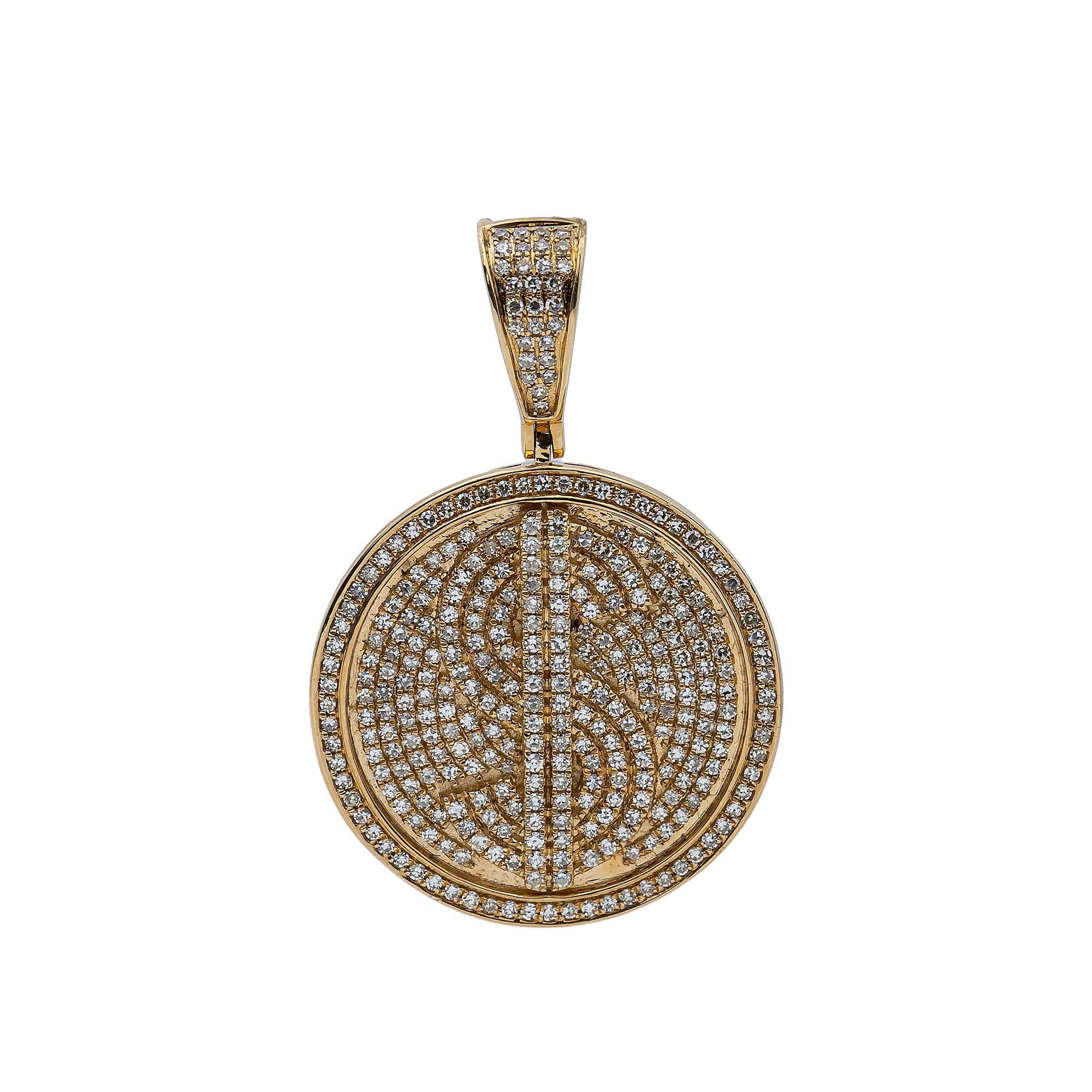 14K Yellow Gold Diamond Circle Pendant with Dollar Sign