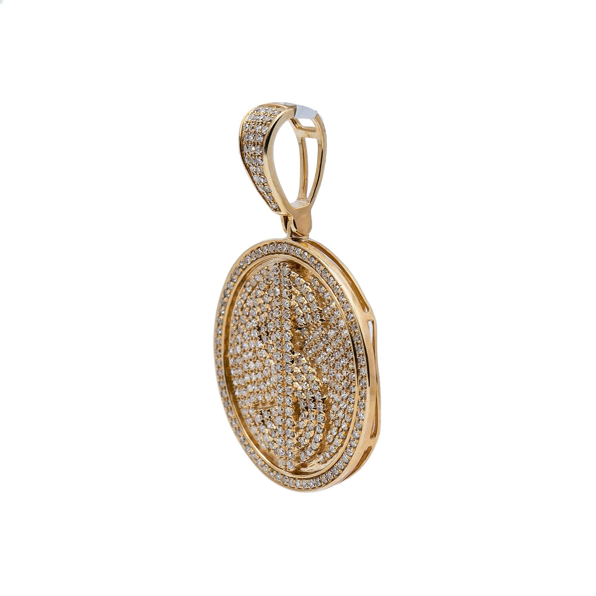 14K Yellow Gold Diamond Circle Pendant with Dollar Sign