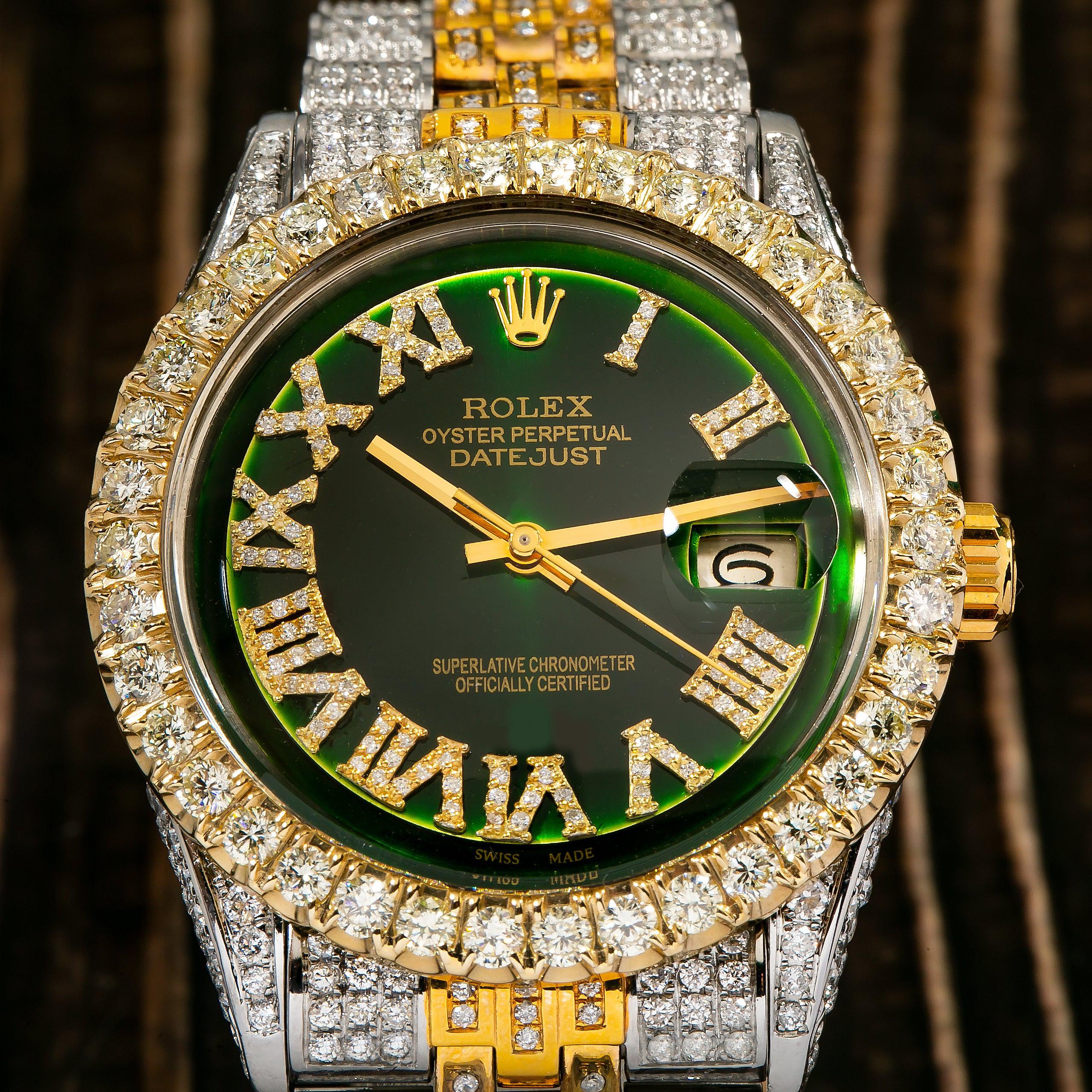 Rolex Datejust 36MM 1601 Green Roman Dial Diamond Bezel Two Tone Full Diamond Jubilee Bracelet 9.25ct