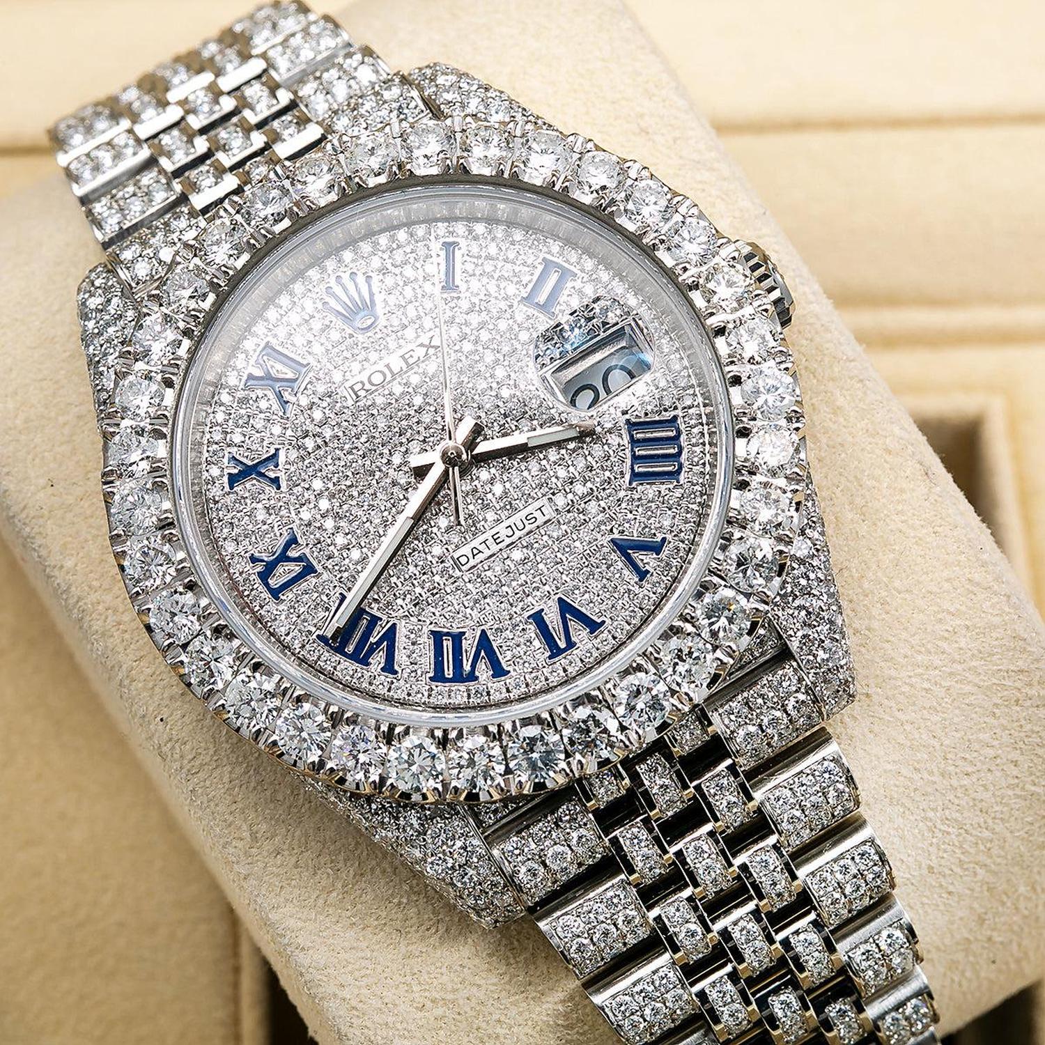 Rolex Datejust 41MM 126300 Diamond Paved Blue Eastern Arabic Dial Diamond Bezel Stainless Steel Full Diamond Oyster Bracelet 18.75ct