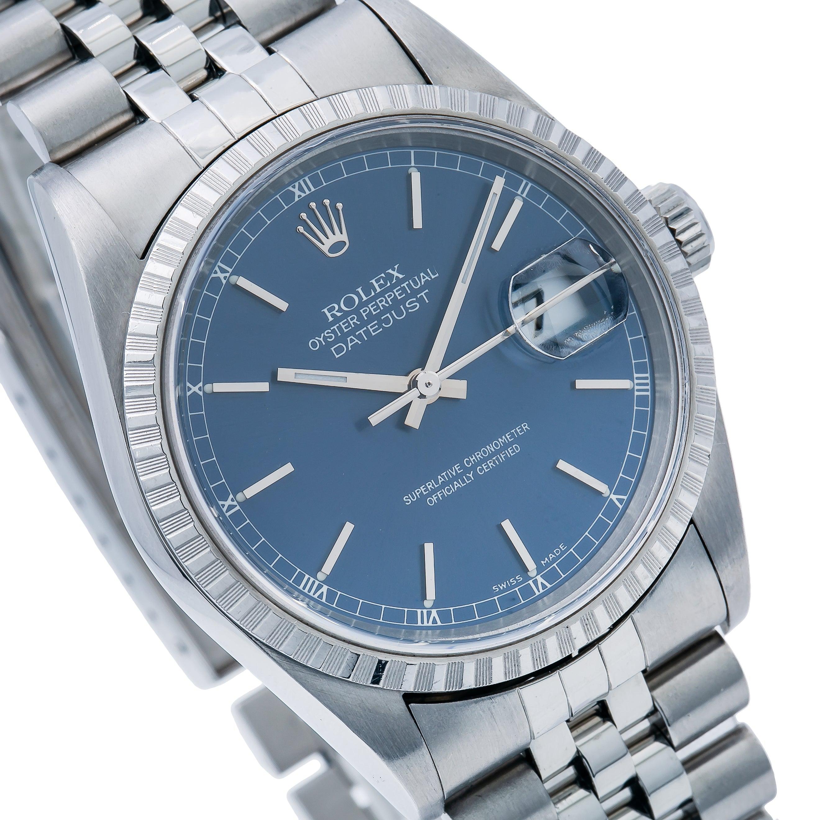 Rolex Datejust 36MM 16220 Blue Dial Engine Turned Bezel Stainless Steel Jubilee Bracelet