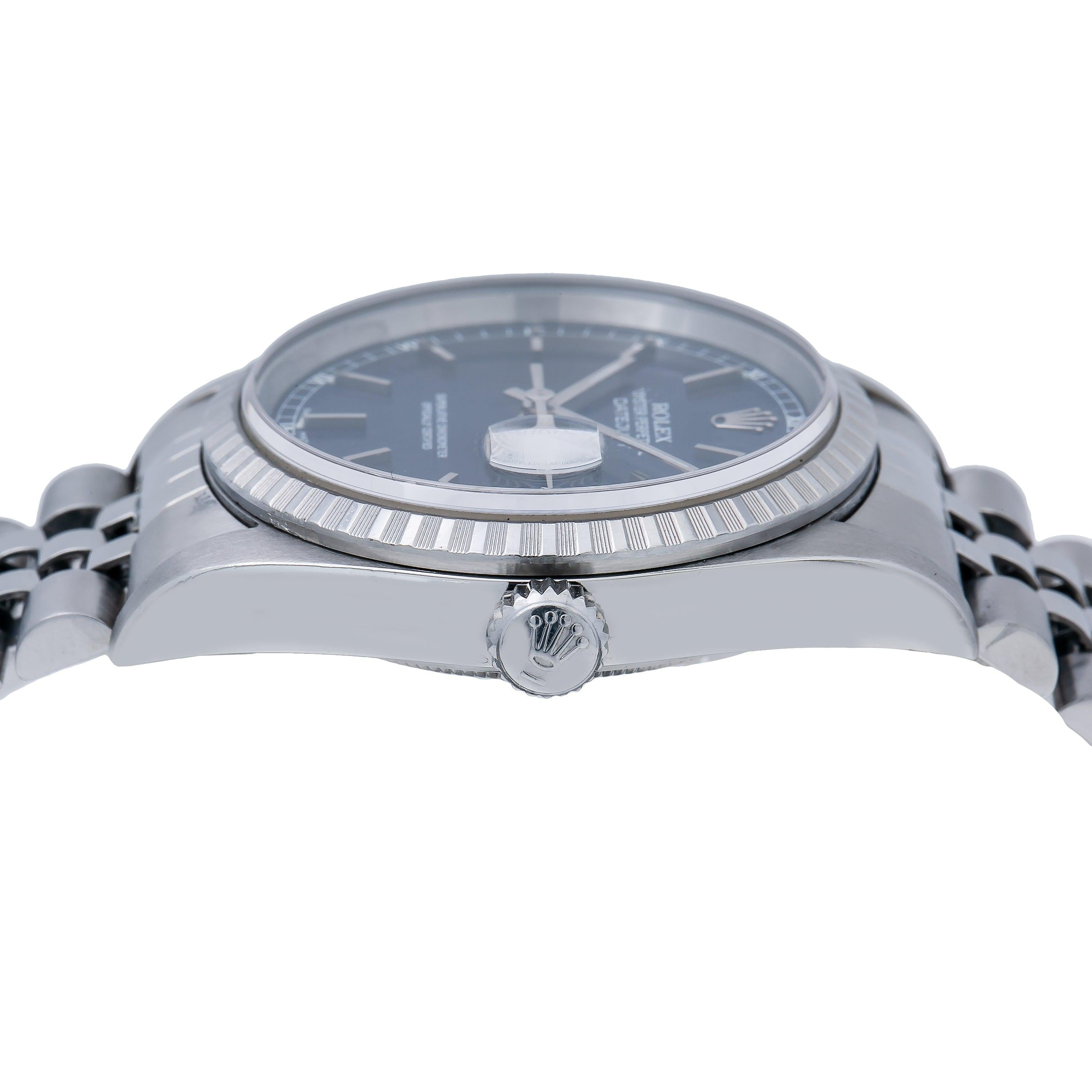 Rolex Datejust 36MM 16220 Blue Dial Engine Turned Bezel Stainless Steel Jubilee Bracelet