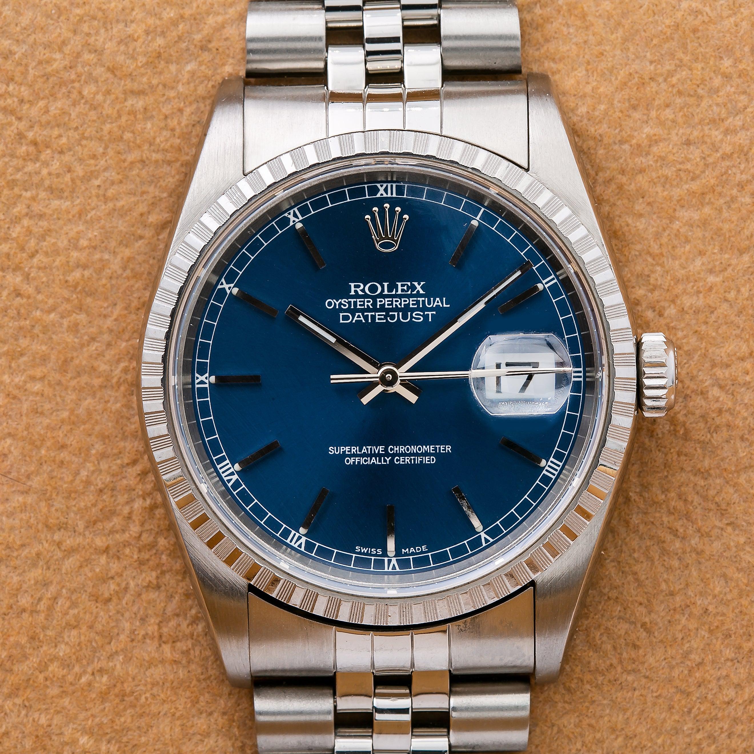 Rolex Datejust 36MM 16220 Blue Dial Engine Turned Bezel Stainless Steel Jubilee Bracelet