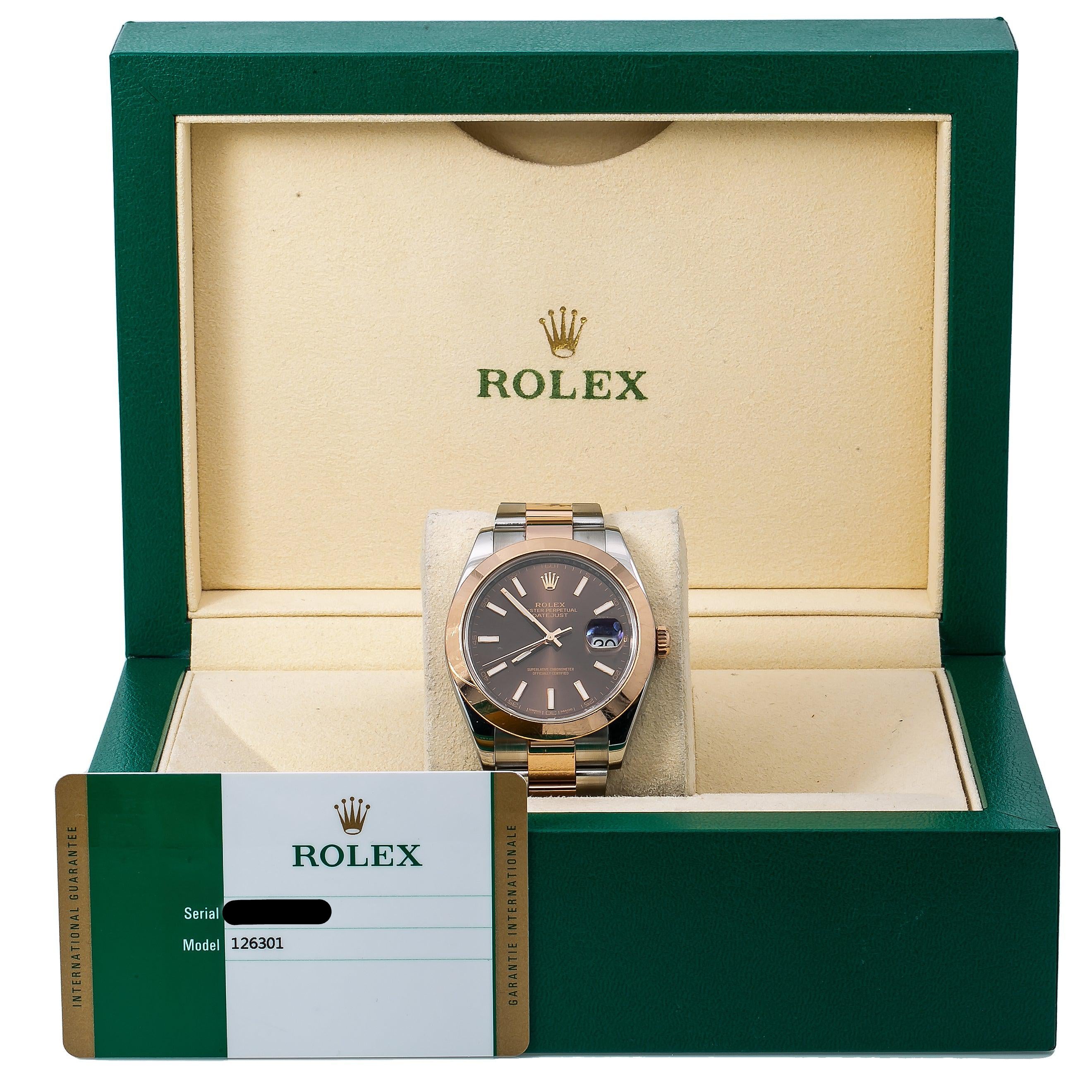 Rolex Datejust 41MM 126301 Chocolate Dial Smooth Bezel Two Tone Rose Gold Oyster Bracelet