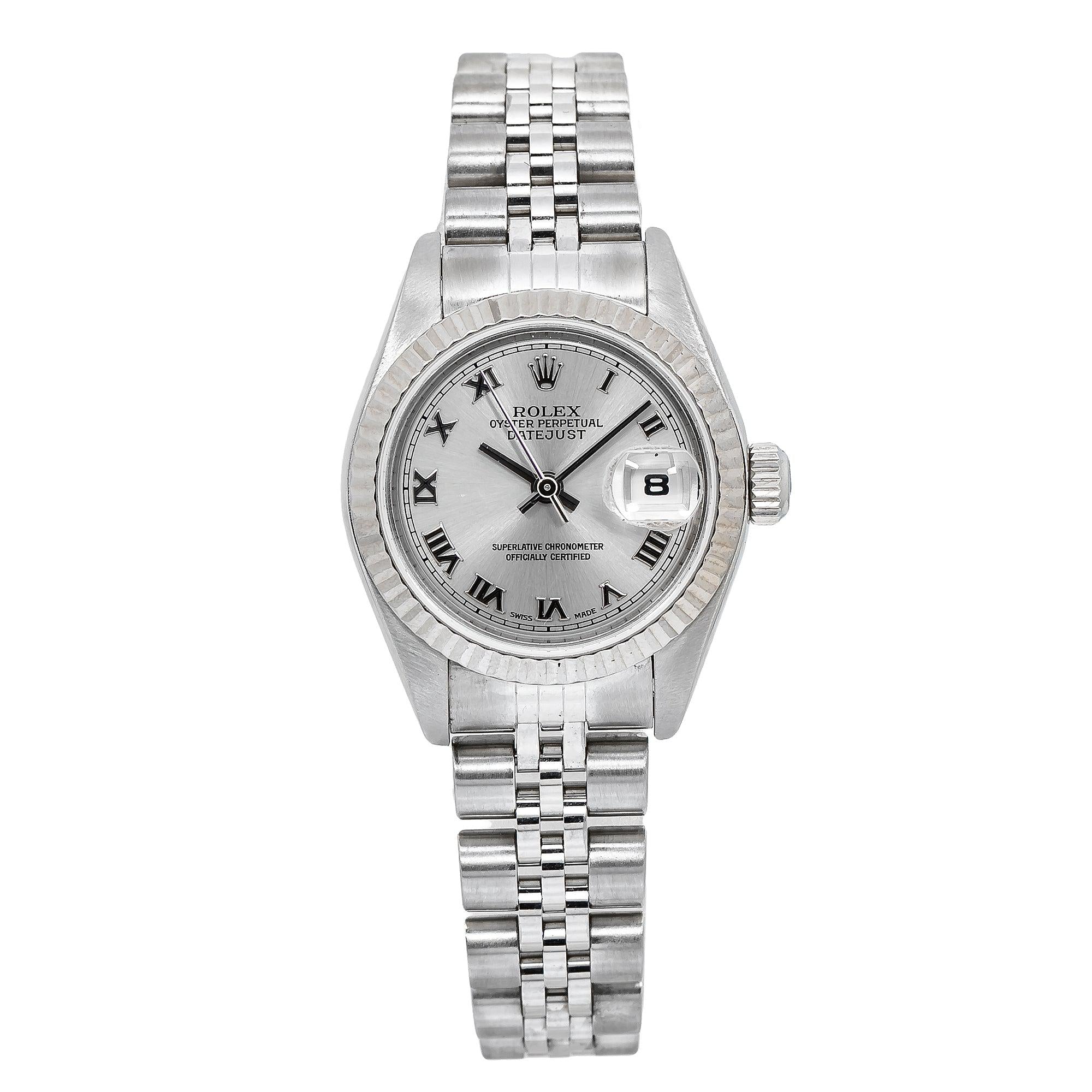 Rolex Datejust 26MM 79174 Silver Roman Dial White Gold Fluted Bezel Stainless Steel Jubilee Bracelet