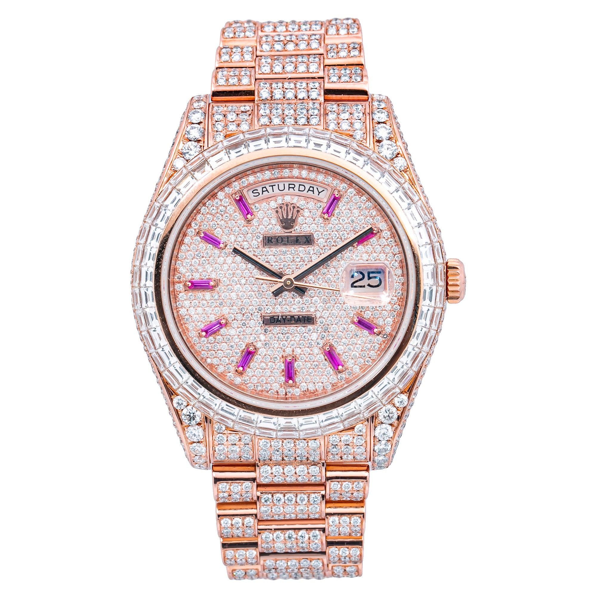Rolex Day-Date II 41MM 218235 Diamond Paved Pink Hour Dial Diamond Bezel 18K Rose Gold Full Diamond President Bracelet 26.25ct