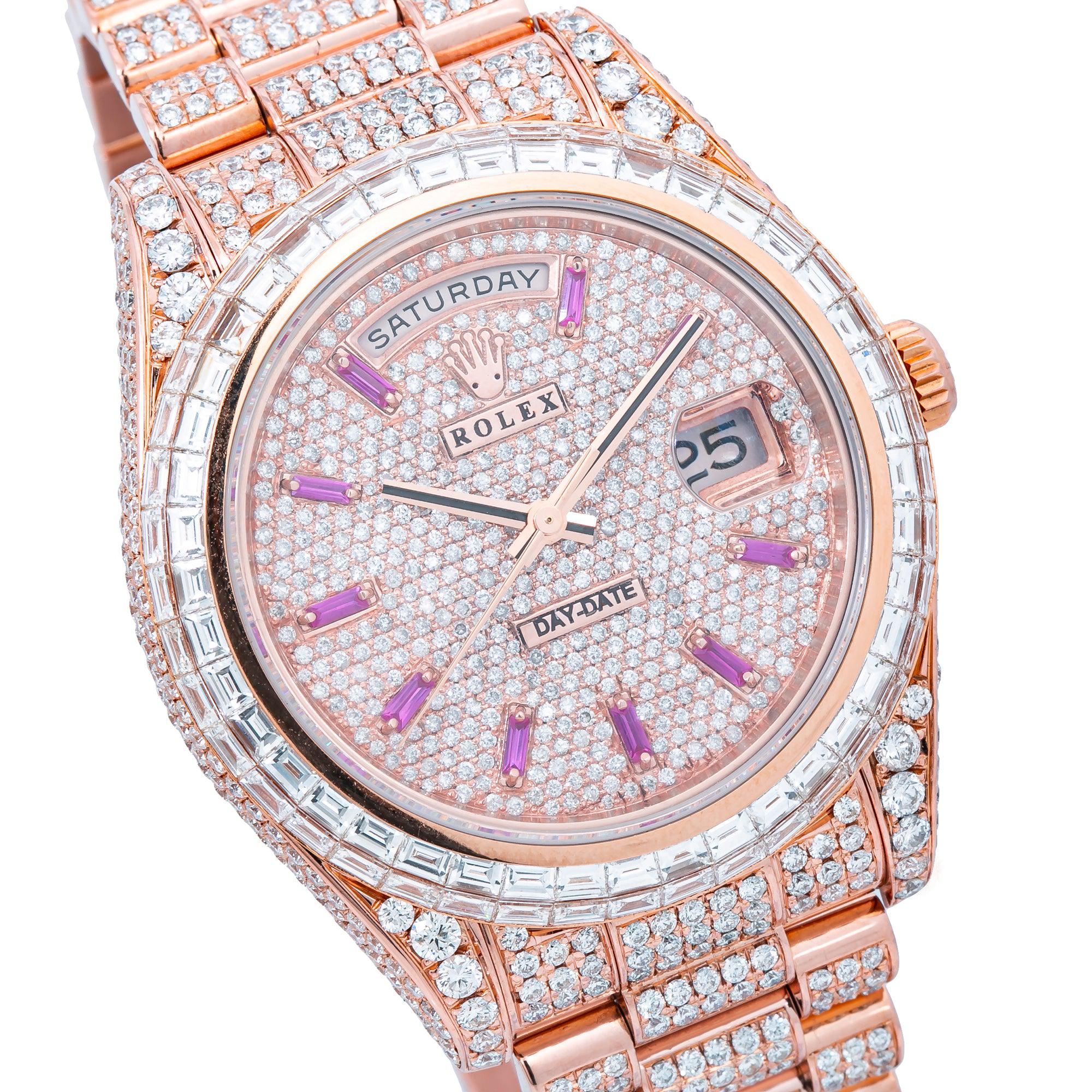 Rolex Day-Date II 41MM 218235 Diamond Paved Pink Dial Diamond Bezel 18K Rose Gold Full Diamond President Bracelet 26.25ct