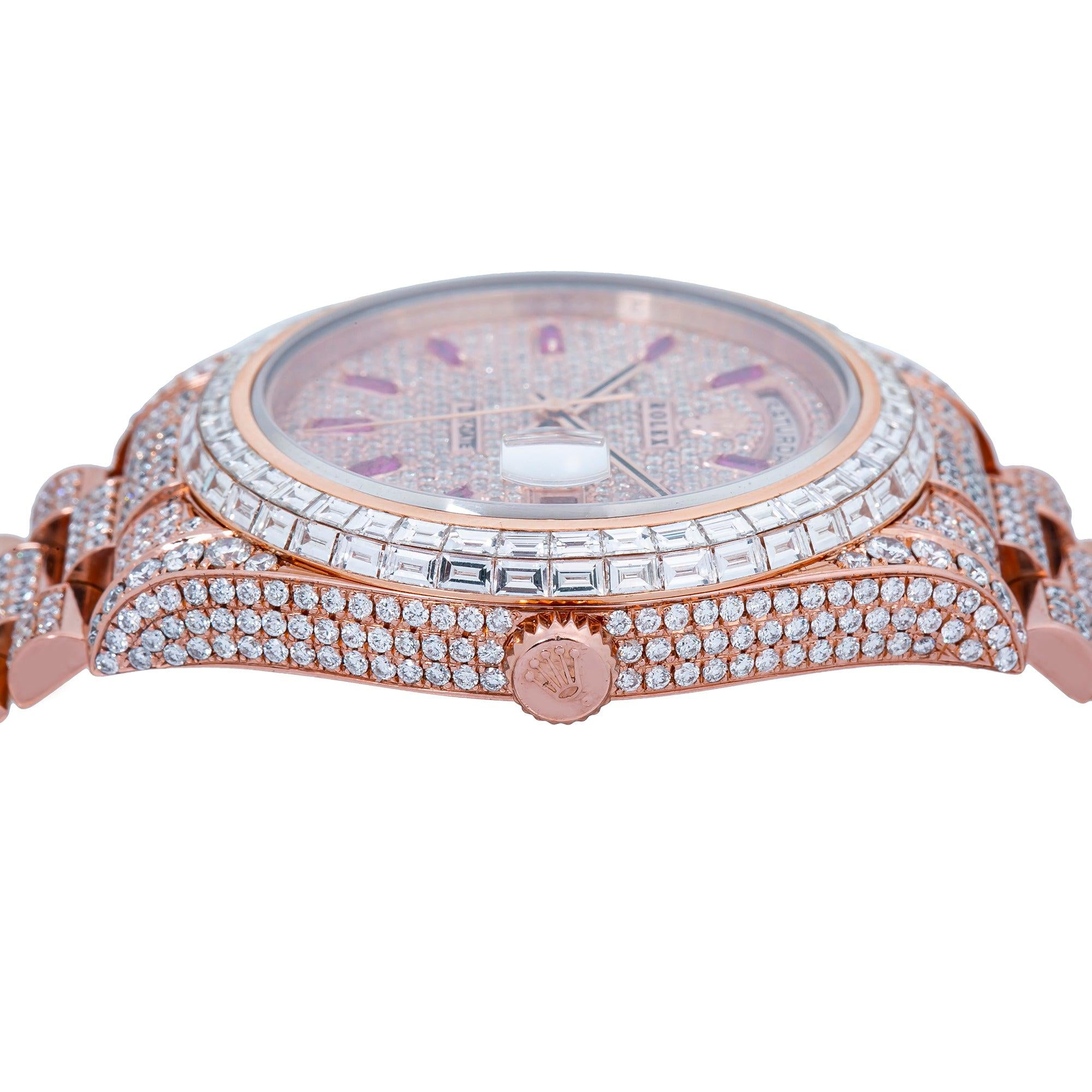 Rolex Day-Date II 41MM 218235 Diamond Paved Pink Dial Diamond Bezel 18K Rose Gold Full Diamond President Bracelet 26.25ct
