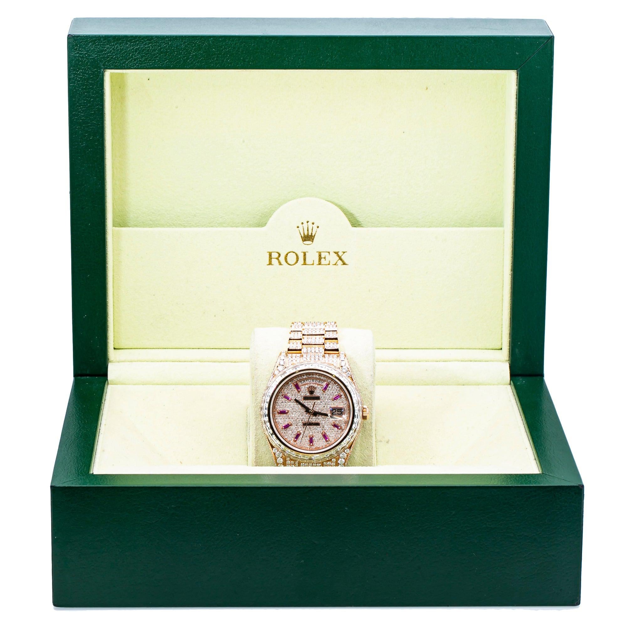 Rolex Day-Date II 41MM 218235 Diamond Paved Pink Dial Diamond Bezel 18K Rose Gold Full Diamond President Bracelet 26.25ct