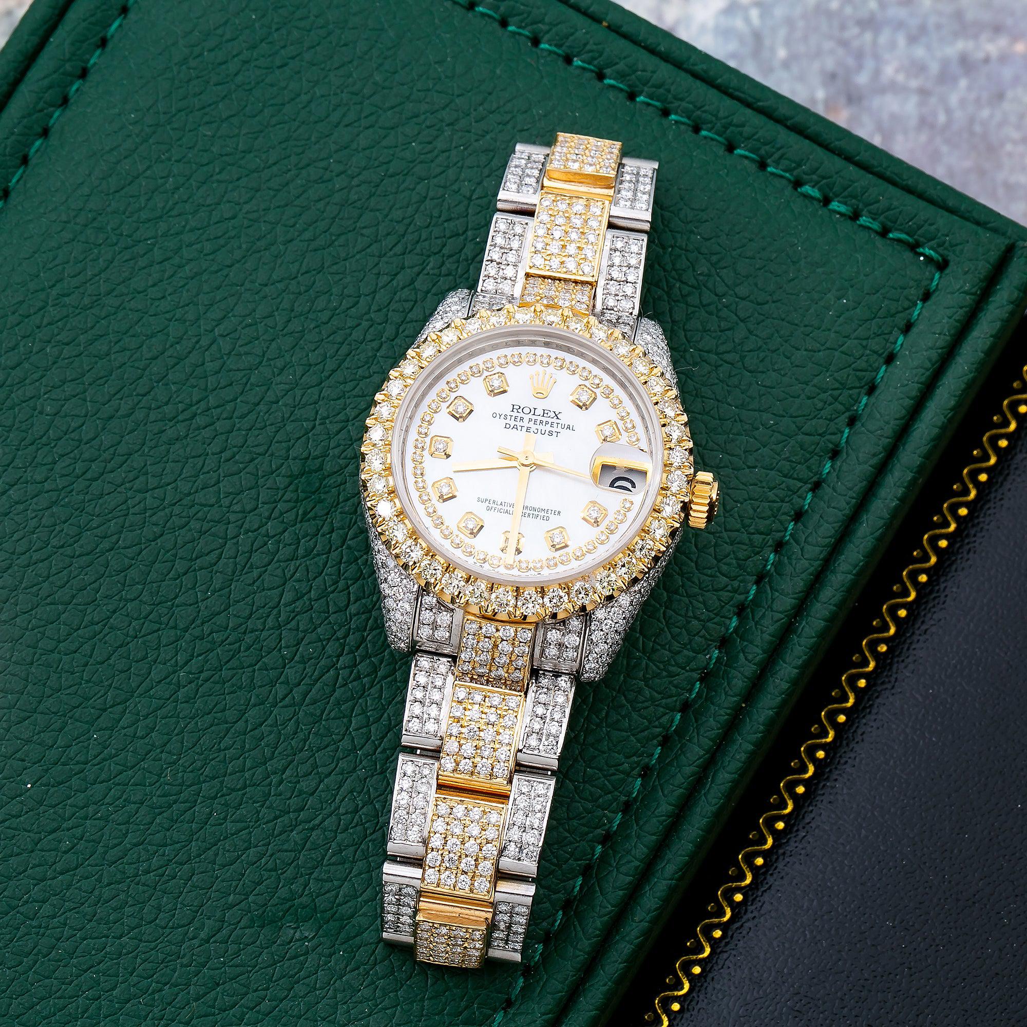 Rolex Datejust 31MM 178243 Mother of Pearl Diamond Dial Diamond Bezel Two Tone Yellow Gold Full Diamond Oyster Bracelet 12.25ct