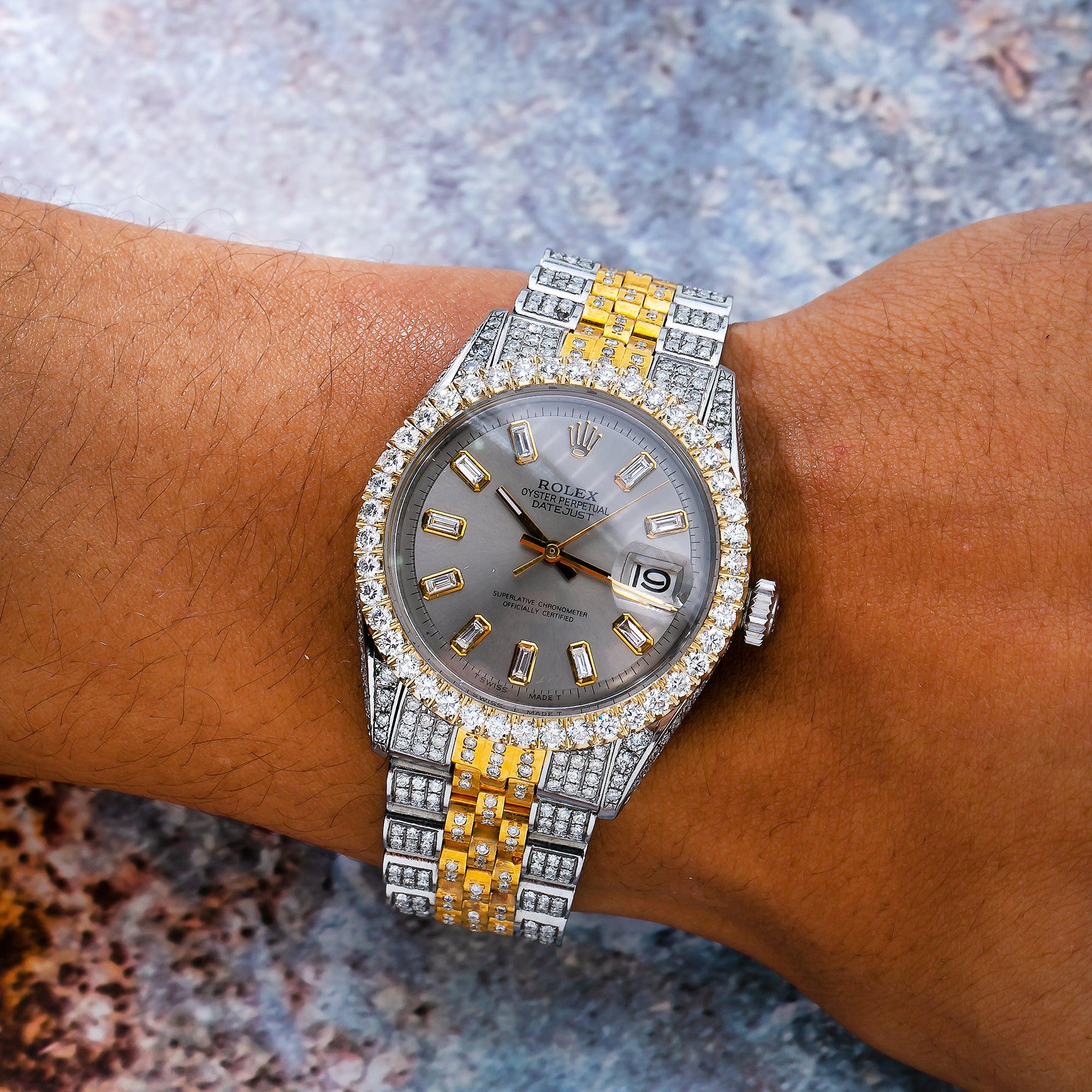 Rolex Datejust 36MM 1601 Gray Baguette Diamond Dial Diamond Bezel Two Tone Yellow Gold Full Diamond Jubilee Bracelet 8.35ct
