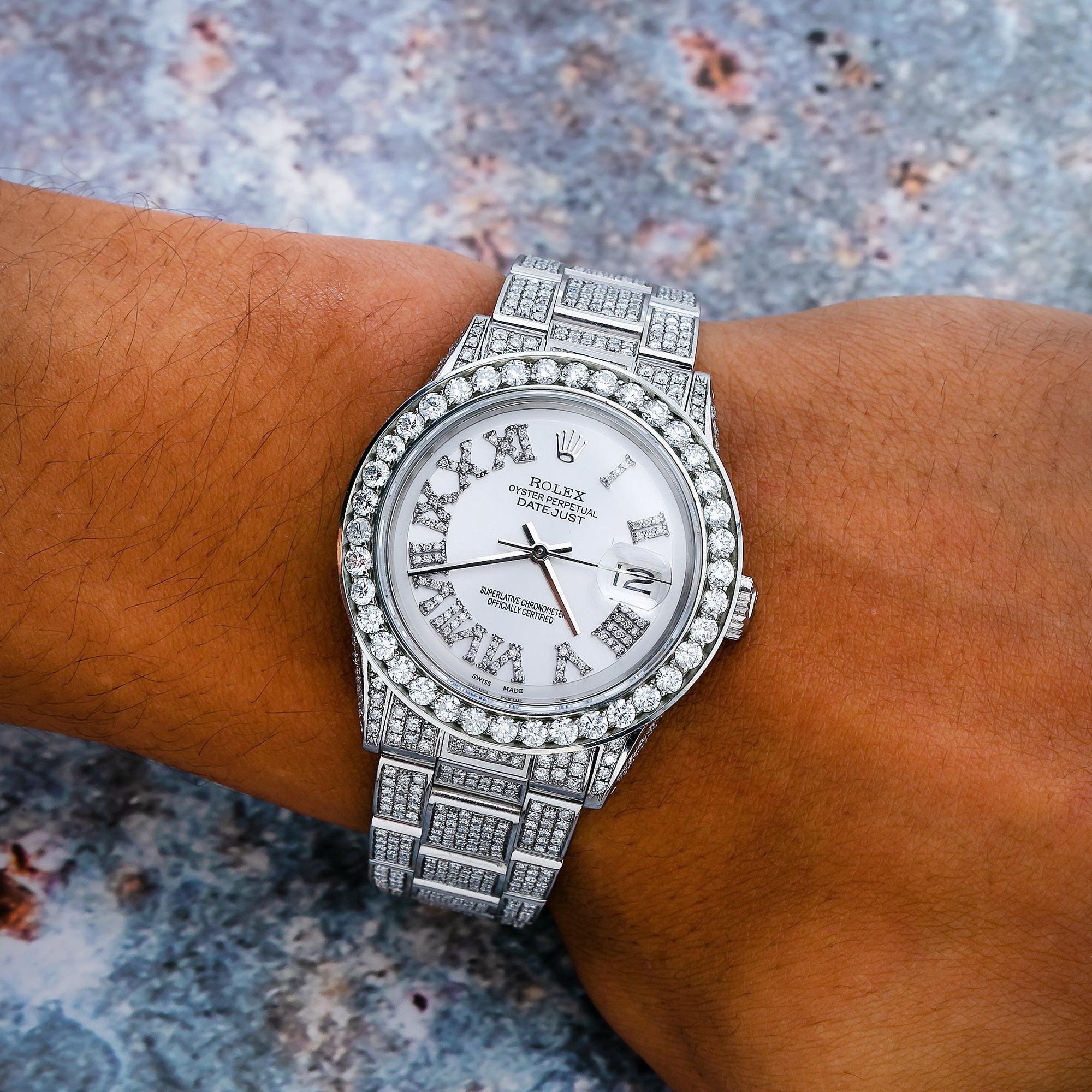 Rolex Datejust 36MM 1601 Silver Roman Diamond Dial Diamond Bezel Stainless Steel Full Diamond Oyster Bracelet 8.35ct