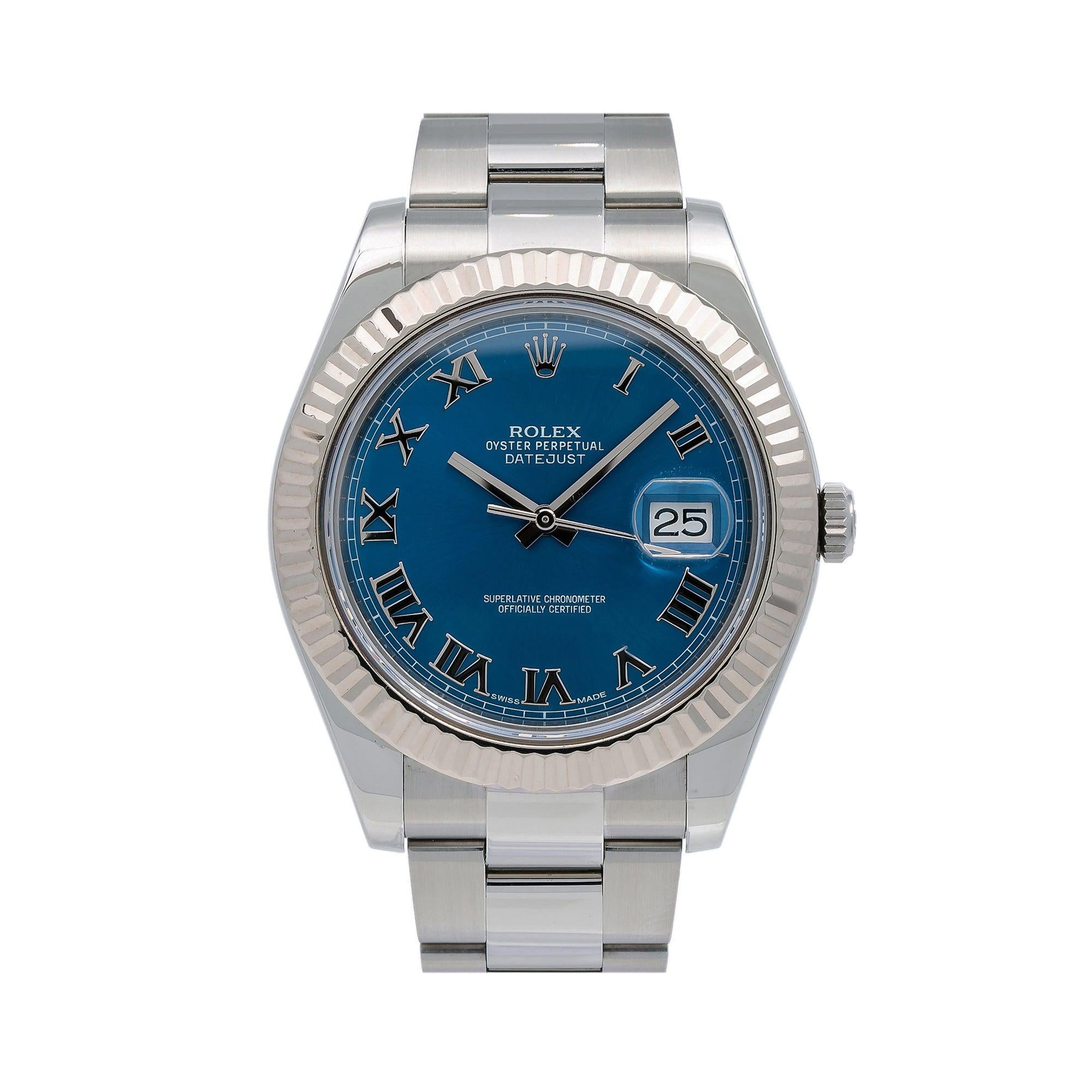 Rolex Datejust 41MM 116334 Blue Roman Dial White Gold Fluted Bezel Stainless Steel Oyster Bracelet