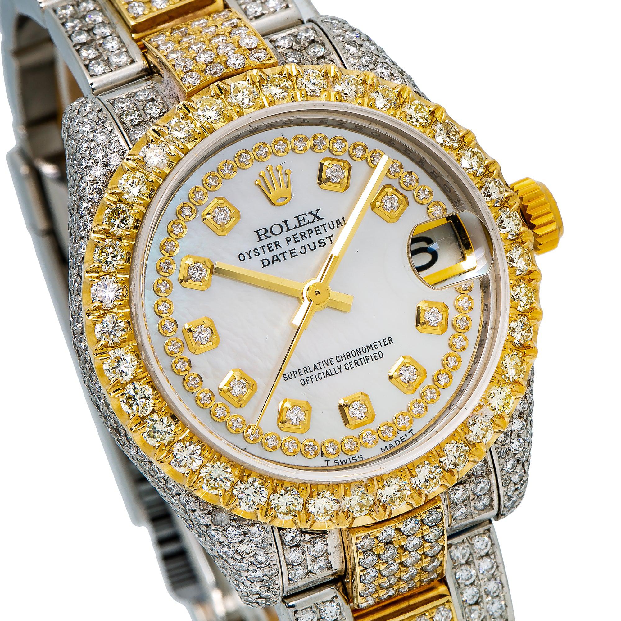Rolex Datejust 31MM 178243 Mother of Pearl Diamond Dial Diamond Bezel Two Tone Yellow Gold Full Diamond Oyster Bracelet 12.25ct