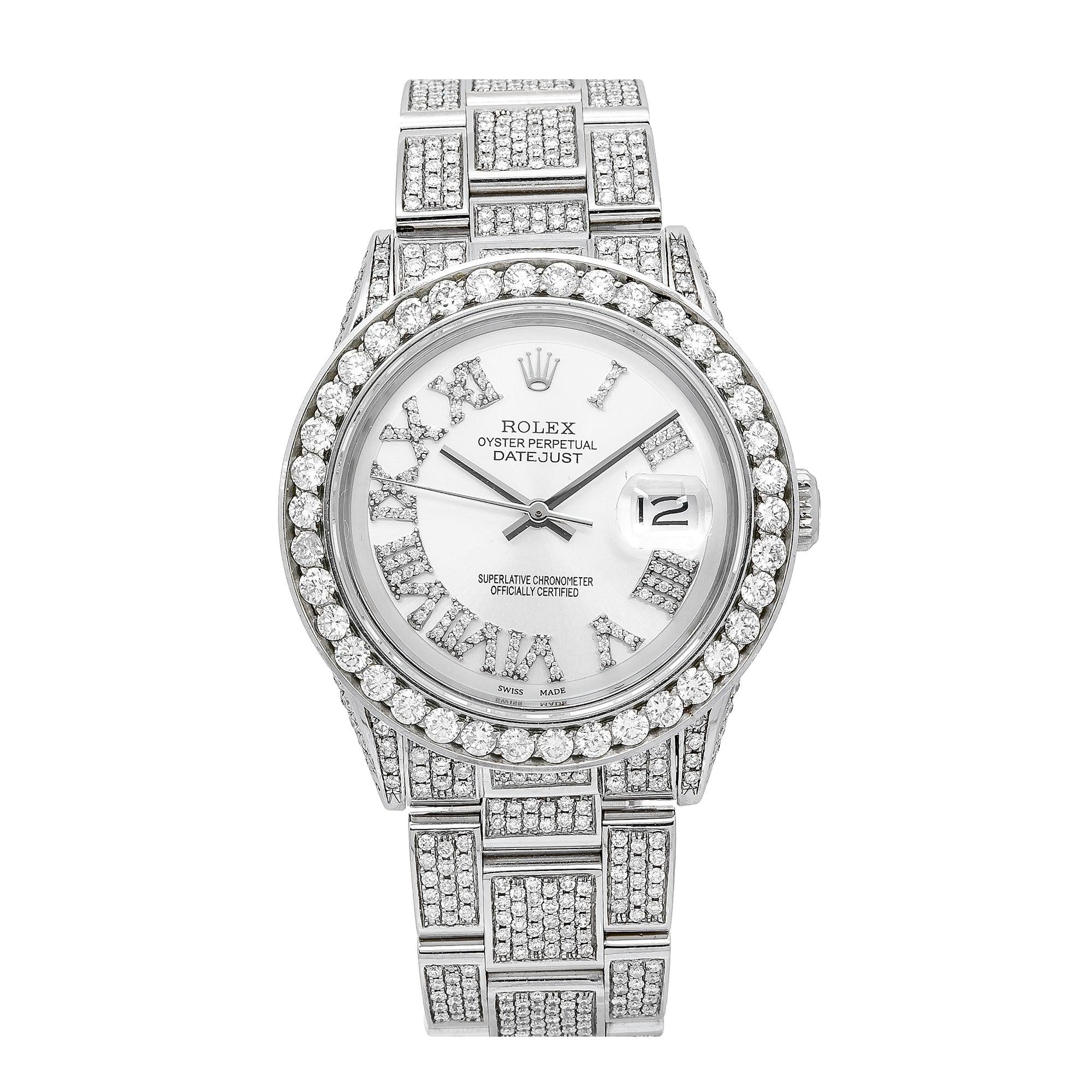 Rolex Datejust 36MM 1601 Silver Roman Dial Diamond Bezel Full Diamond Oyster Bracelet 8.35ct