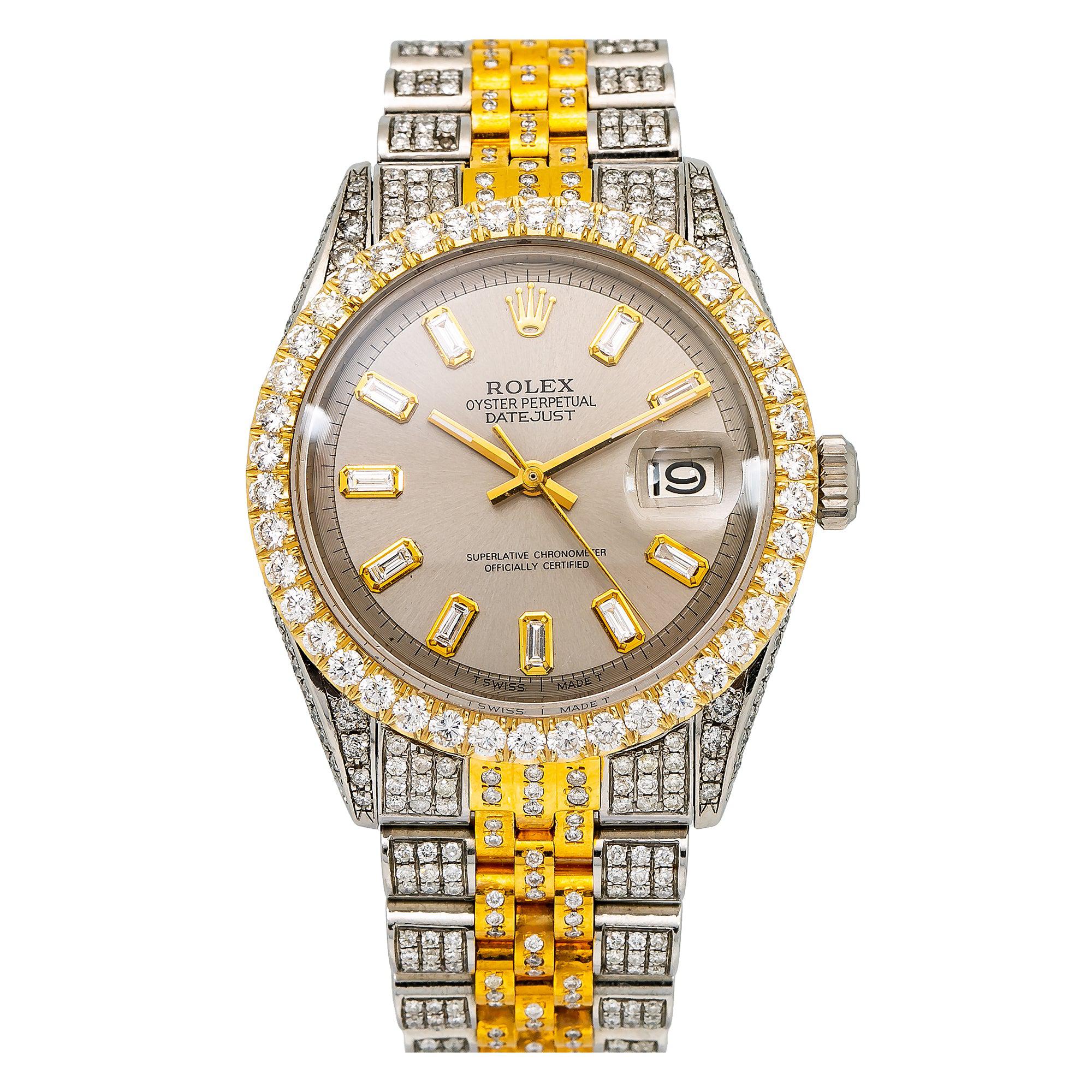 Rolex Datejust 36MM 1601 Slate Gray Baguette Diamond Dial Diamond Bezel Two Tone Full Diamond Jubilee Bracelet 8.35ct