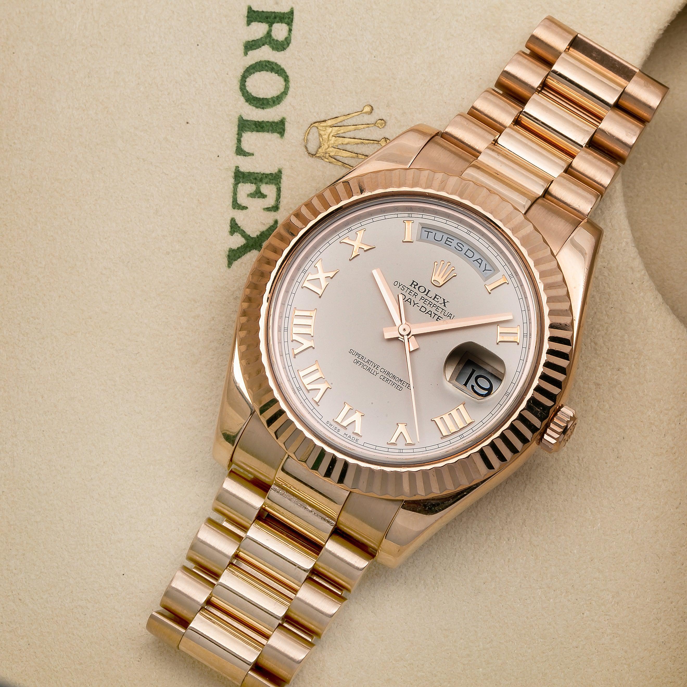 Rolex Day-Date II 41MM 218235 Silver Roman Dial Fluted Bezel 18K Rose Gold President Bracelet