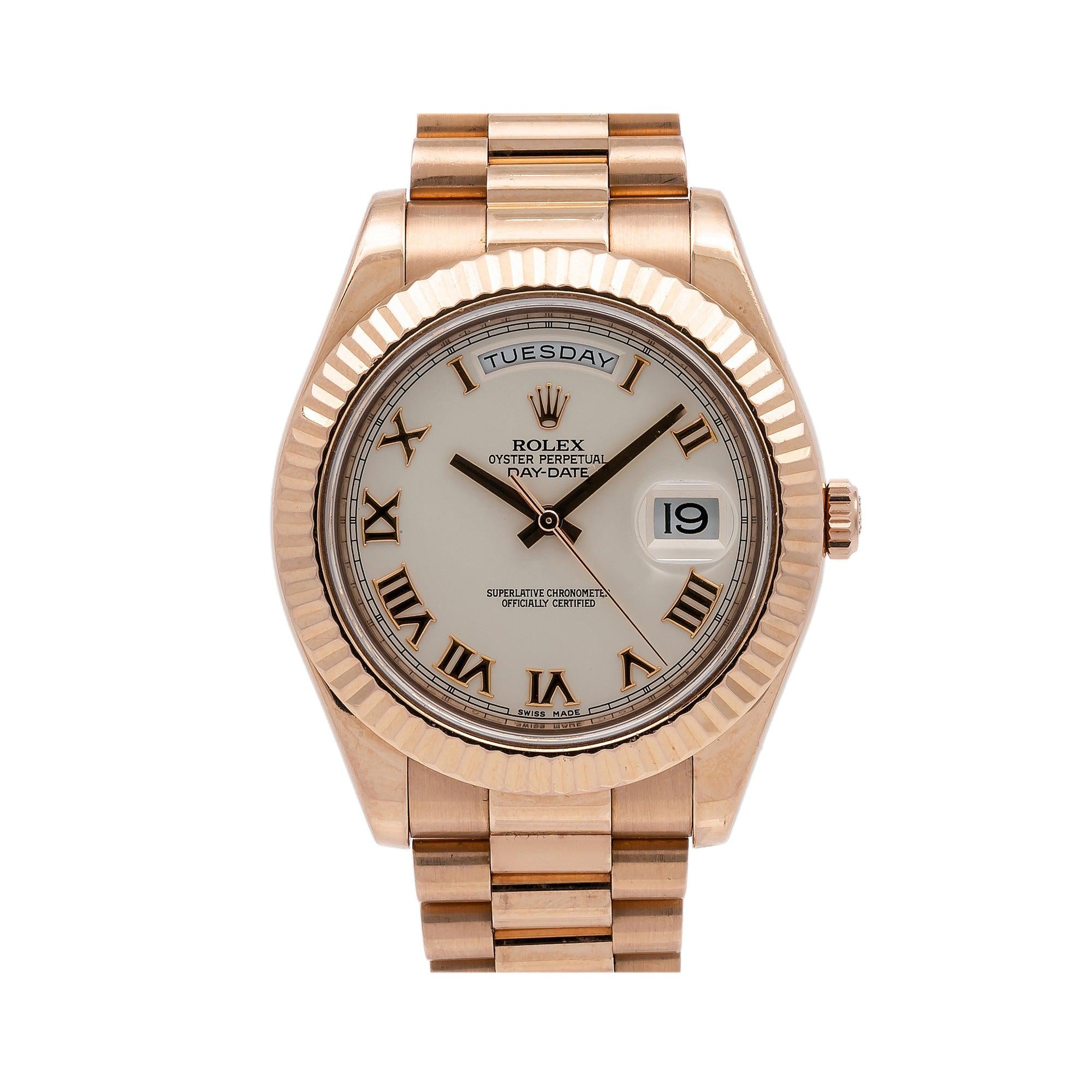 Rolex Day-Date II 41MM 218235 Silver Roman Dial Rose Gold Fluted Bezel 18K Rose Gold President Bracelet