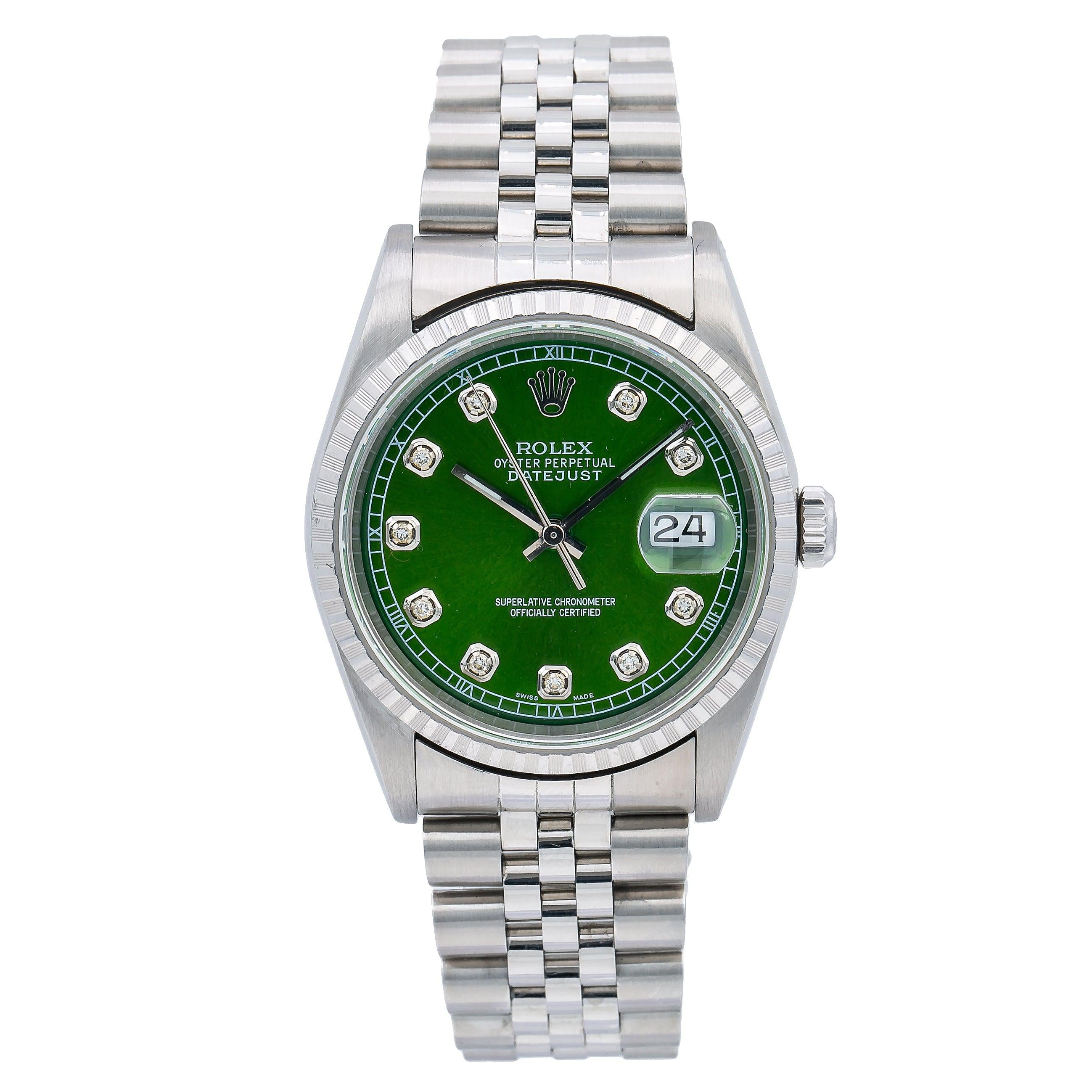 Rolex Datejust 36MM 16220 Green Diamond Dial Engine Turned Bezel Stainless Steel Jubilee Bracelet