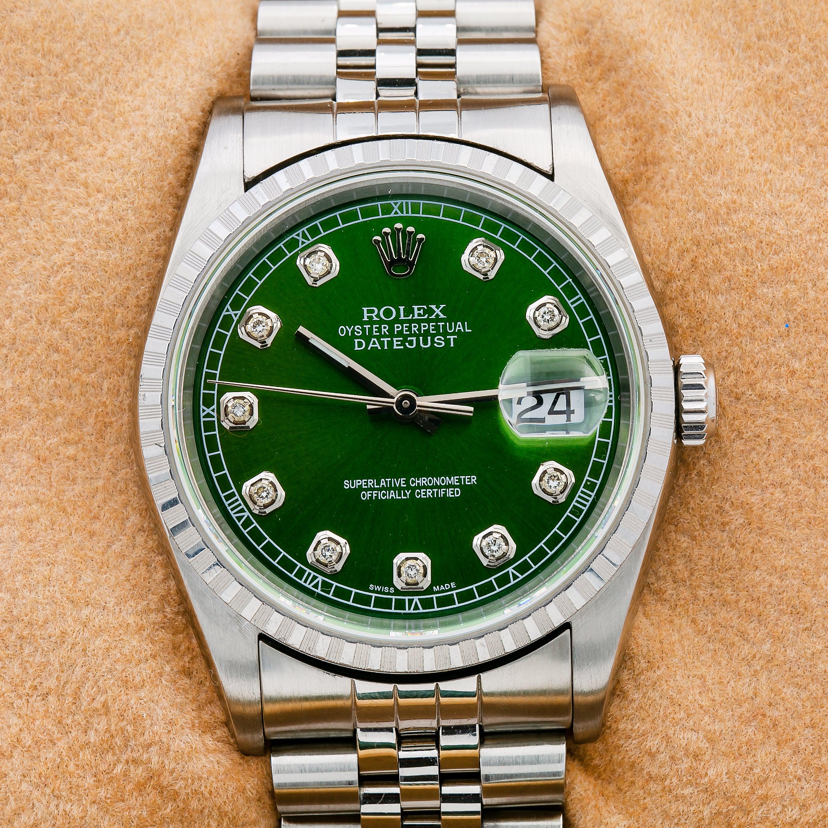 Rolex Datejust 36MM 16220 Green Diamond Dial Engine Turned Bezel Stainless Steel Jubilee Bracelet