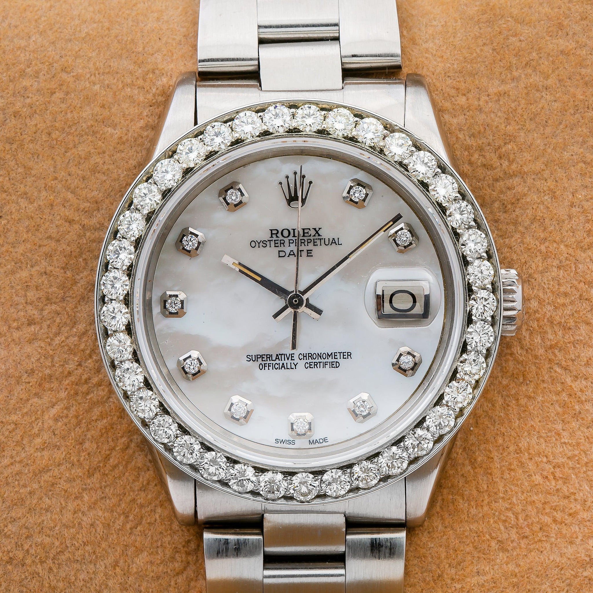 Rolex Oyster Perpetual Date 1500 34MM Mother of Pearl Diamond Dial & Bezel 1.15 CTW