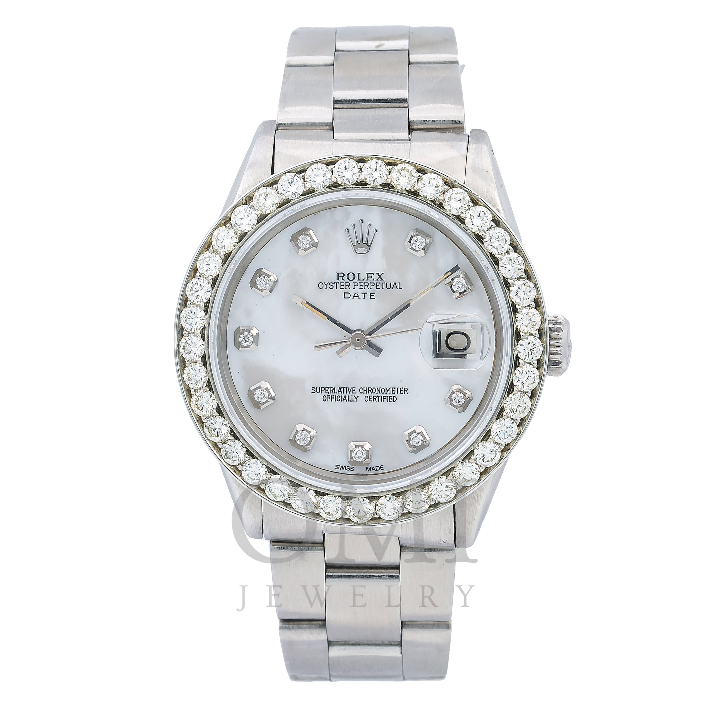 Rolex Oyster Perpetual Diamond Watch, Date 1500 34mm, Mother of Pearl Dial with 1.20 ct Diamonds