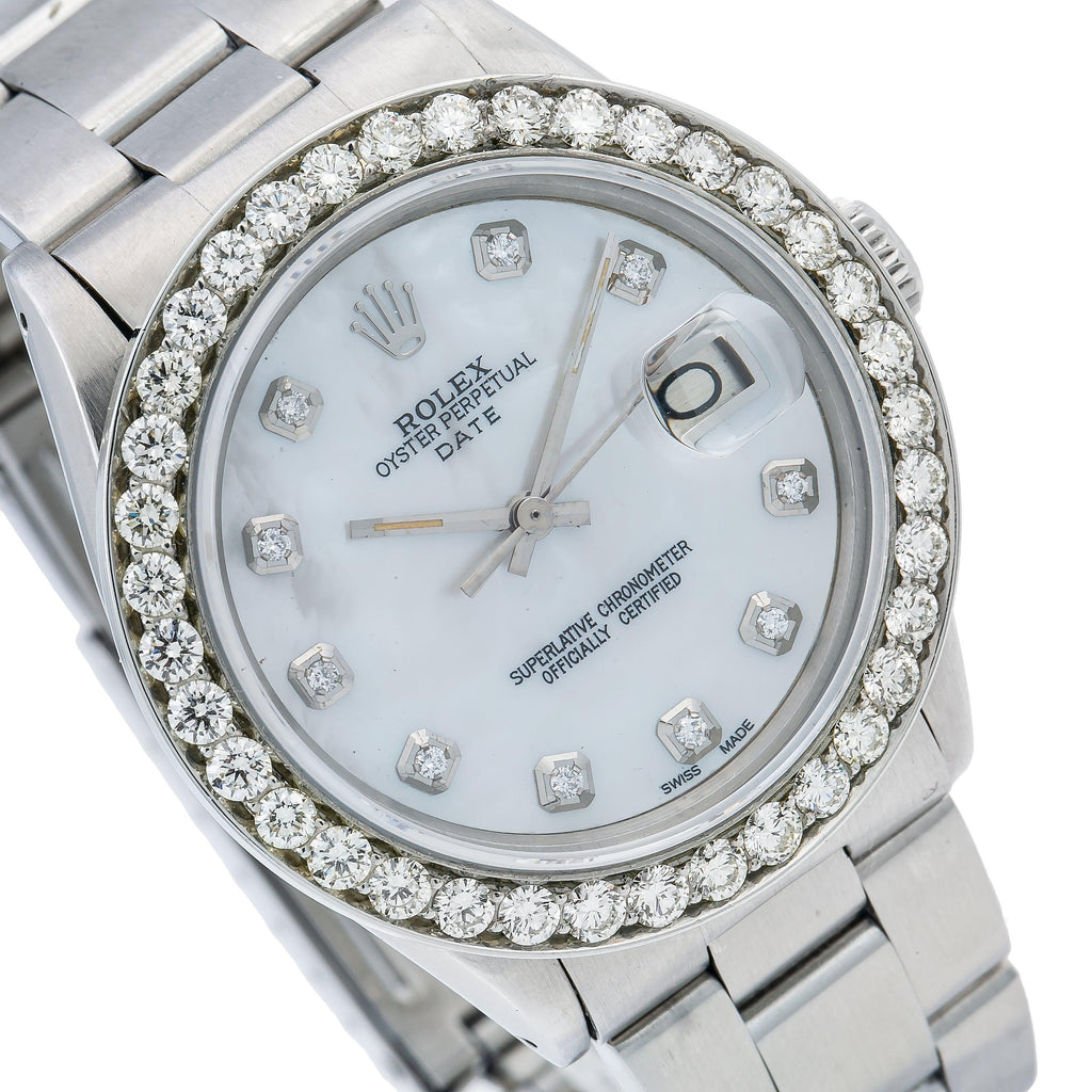 Rolex Oyster Perpetual Date 1500 34MM Mother of Pearl Diamond Dial & Bezel 1.15 CTW