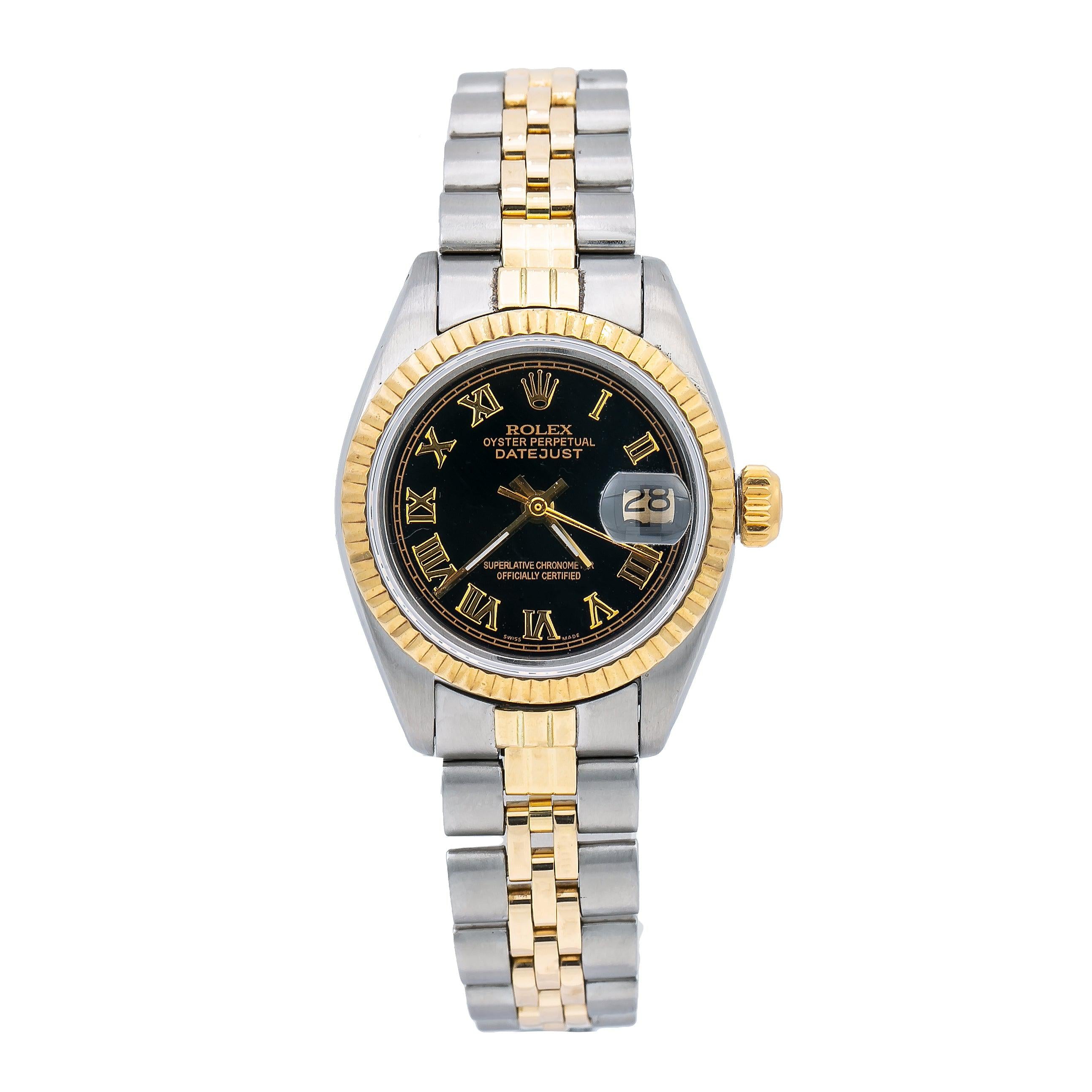 Rolex Datejust 26MM 6917 Black Roman Dial Yellow Gold Fluted Bezel Two Tone Jubilee Bracelet