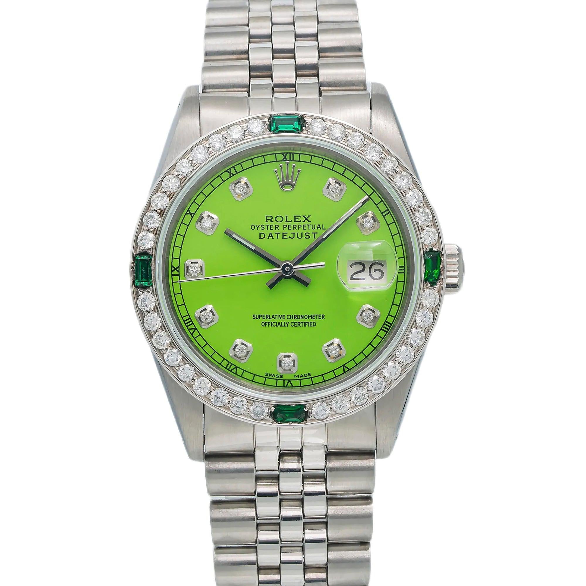 Rolex Datejust 36MM 16030 Green Diamond Dial Diamond Bezel Stainless Steel Jubilee Bracelet