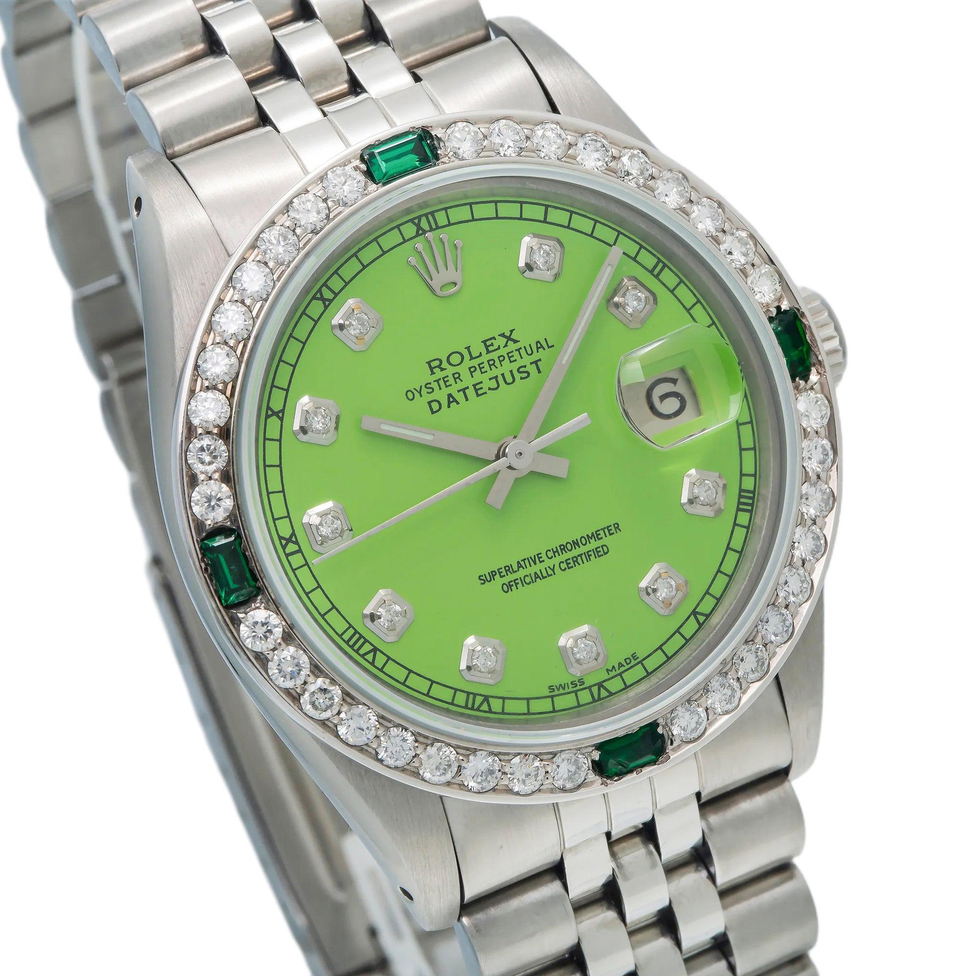 Rolex Datejust 36MM 16030 Green Diamond Dial Diamond Bezel Stainless Steel Jubilee Bracelet
