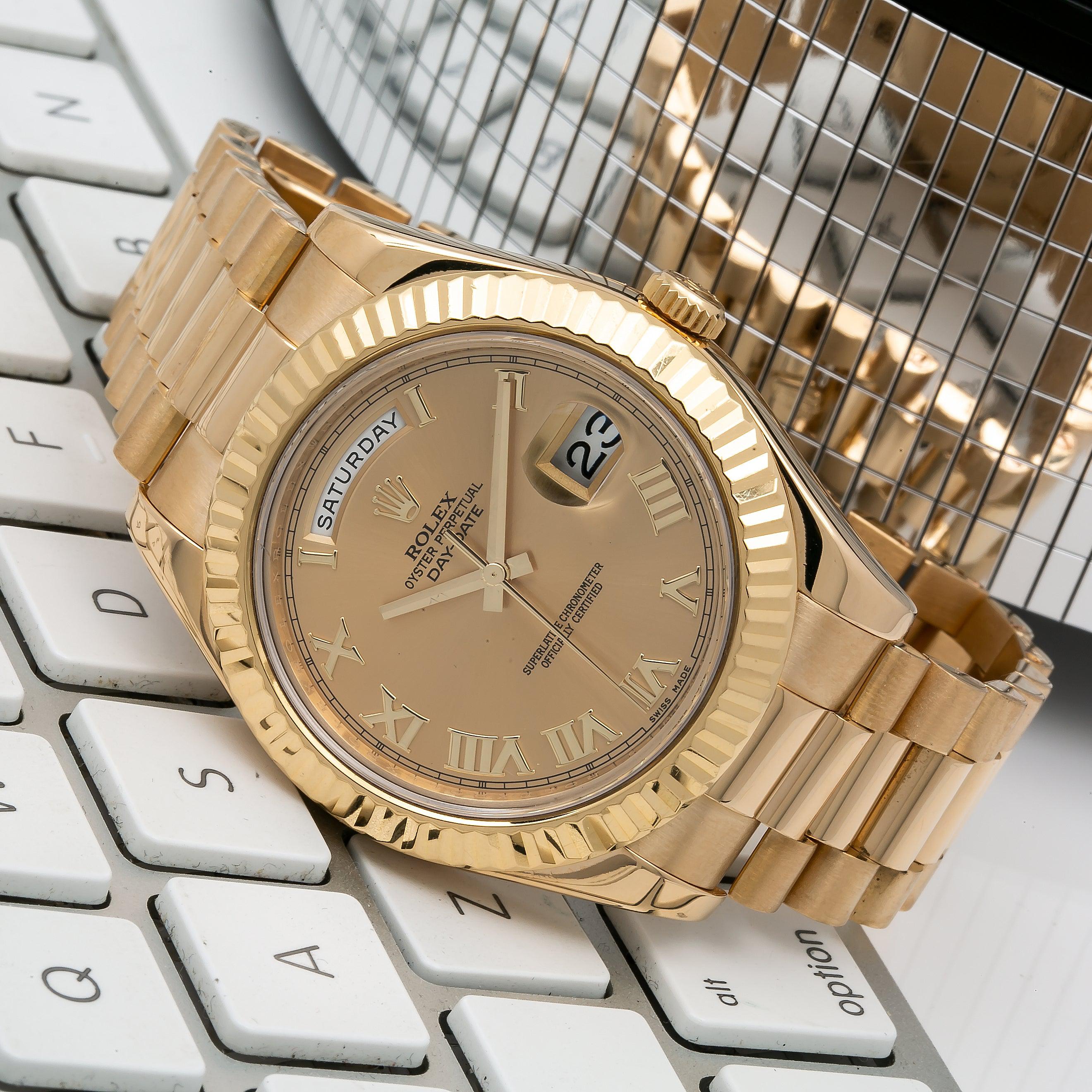 Rolex Day-Date II 41MM 218238 Champagne Roman Dial Fluted Bezel 18K Yellow Gold President Bracelet
