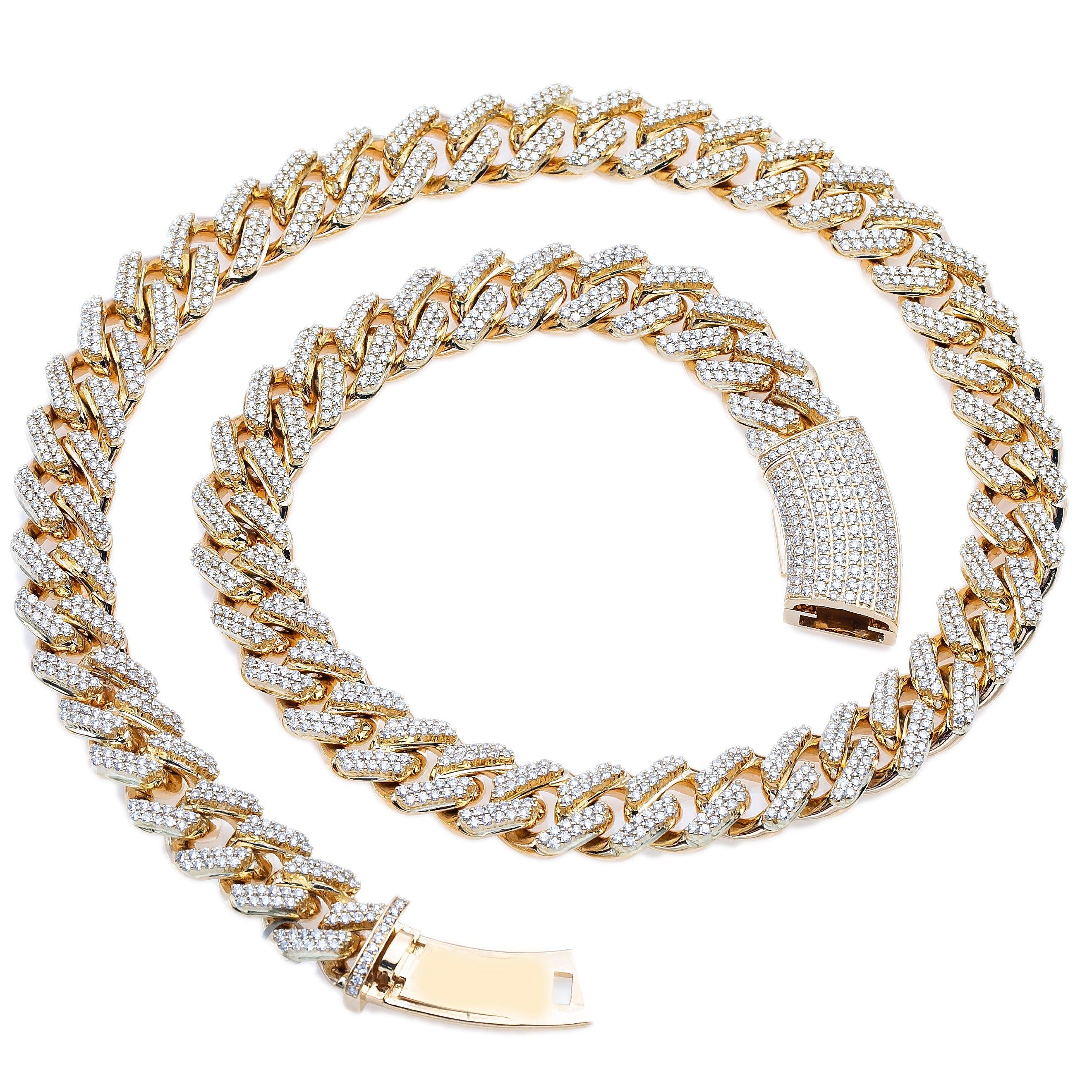 14K Yellow Gold 22"/12mm Diamond Cuban Chain Iced Out With 19.21CT Diamonds