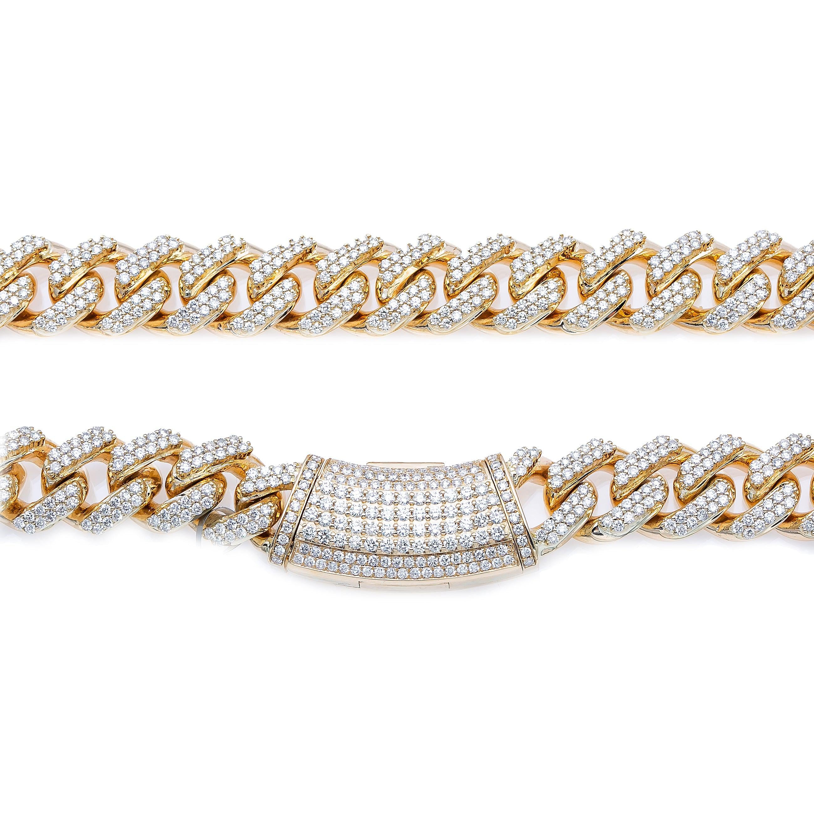 14K Yellow Gold 22"/12mm Diamond Cuban Chain Iced Out With 19.21CT Diamonds