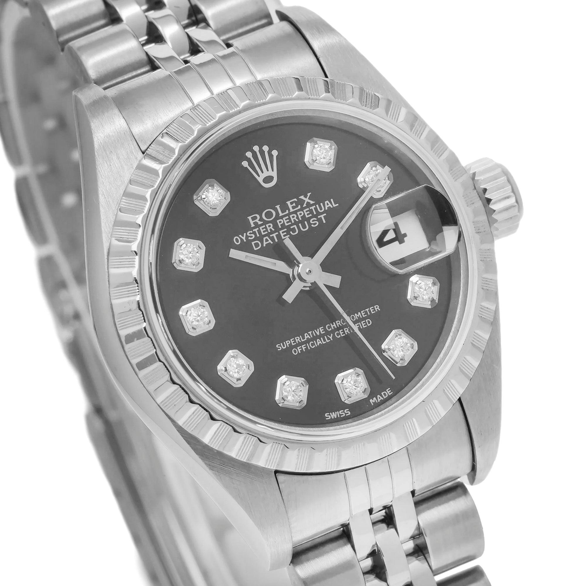 Rolex Datejust 26MM 79174 Black Diamond Dial Engine Turned Bezel Stainless Steel Jubilee Bracelet