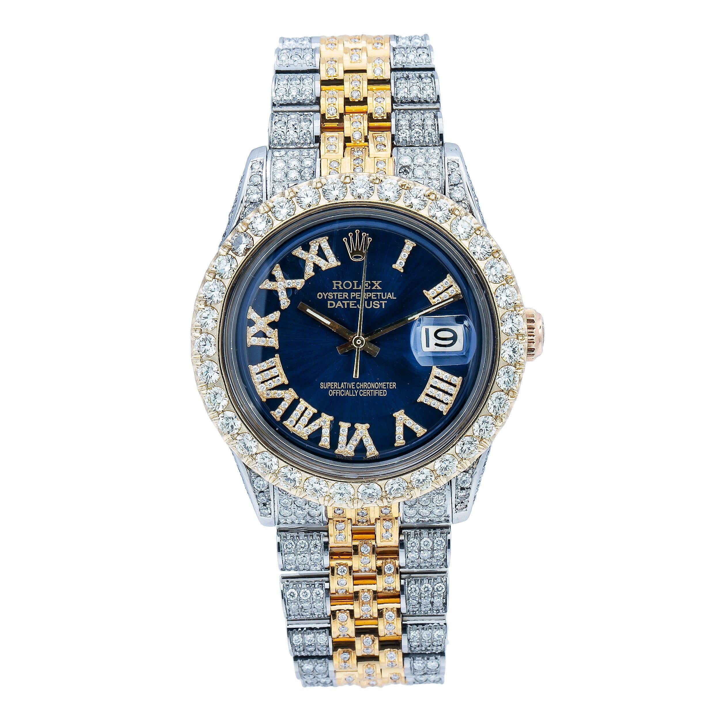 Rolex Datejust 36MM 1601 Blue Roman Dial Diamond Bezel Two Tone Full Diamond Jubilee Bracelet 8.25ct