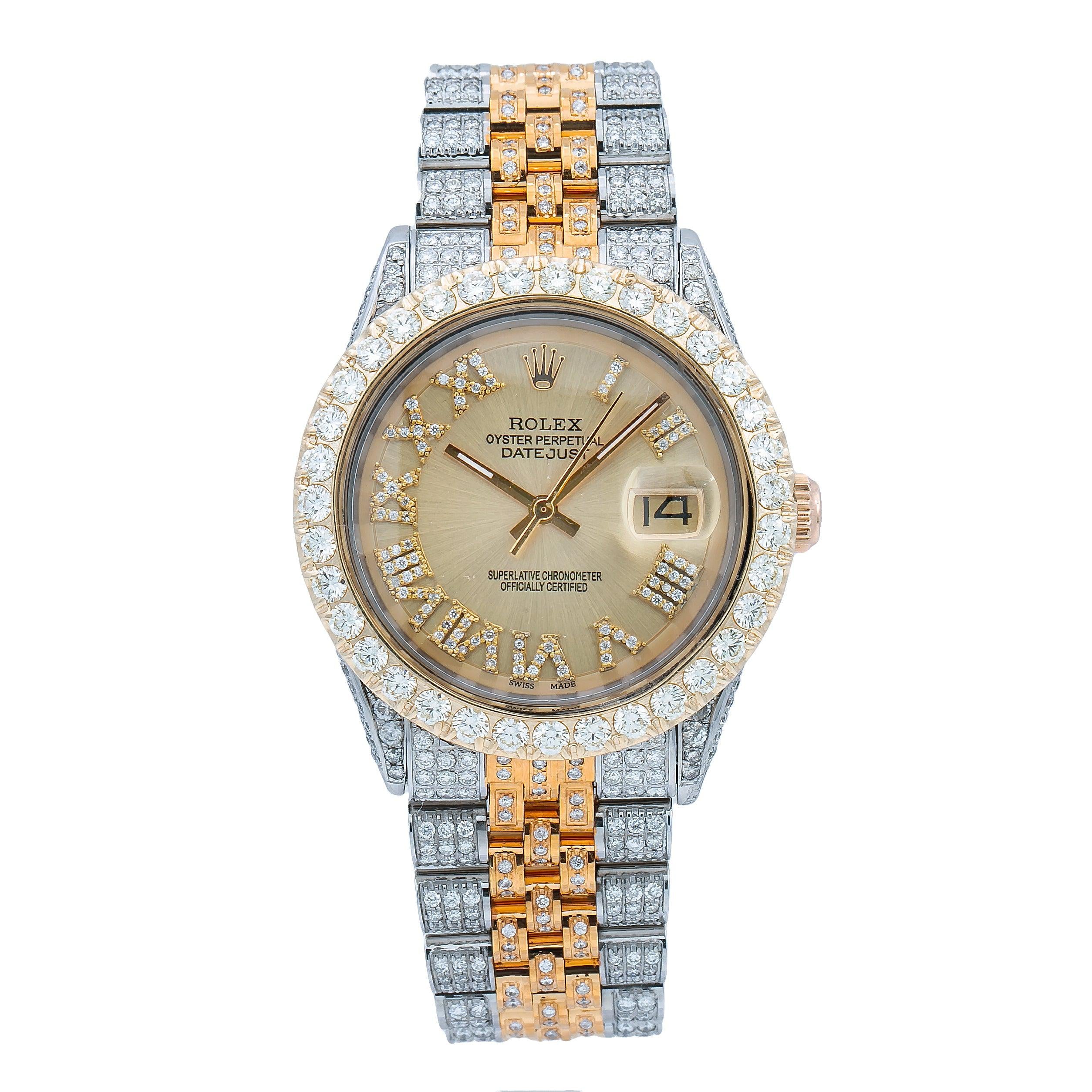 Rolex Datejust 36MM 1601 Champagne Roman Diamond Dial Diamond Bezel Two Tone Yellow Gold Full Diamond Jubilee Bracelet 8.25ct